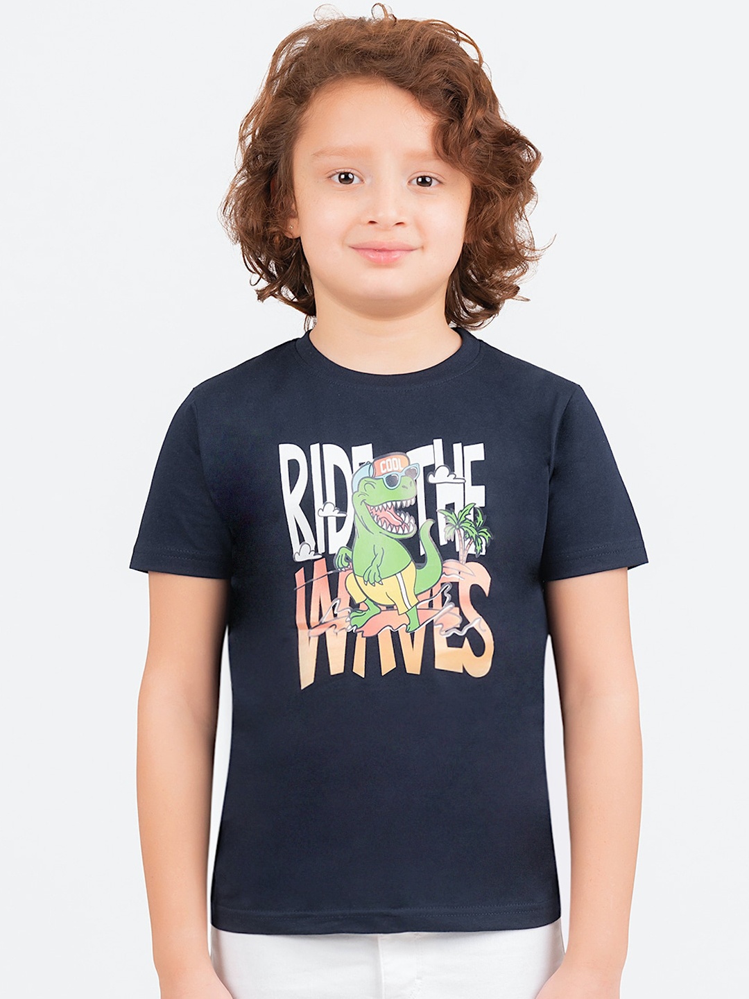 

KIDKLO Boys Navy Blue Printed Round Neck T-shirt