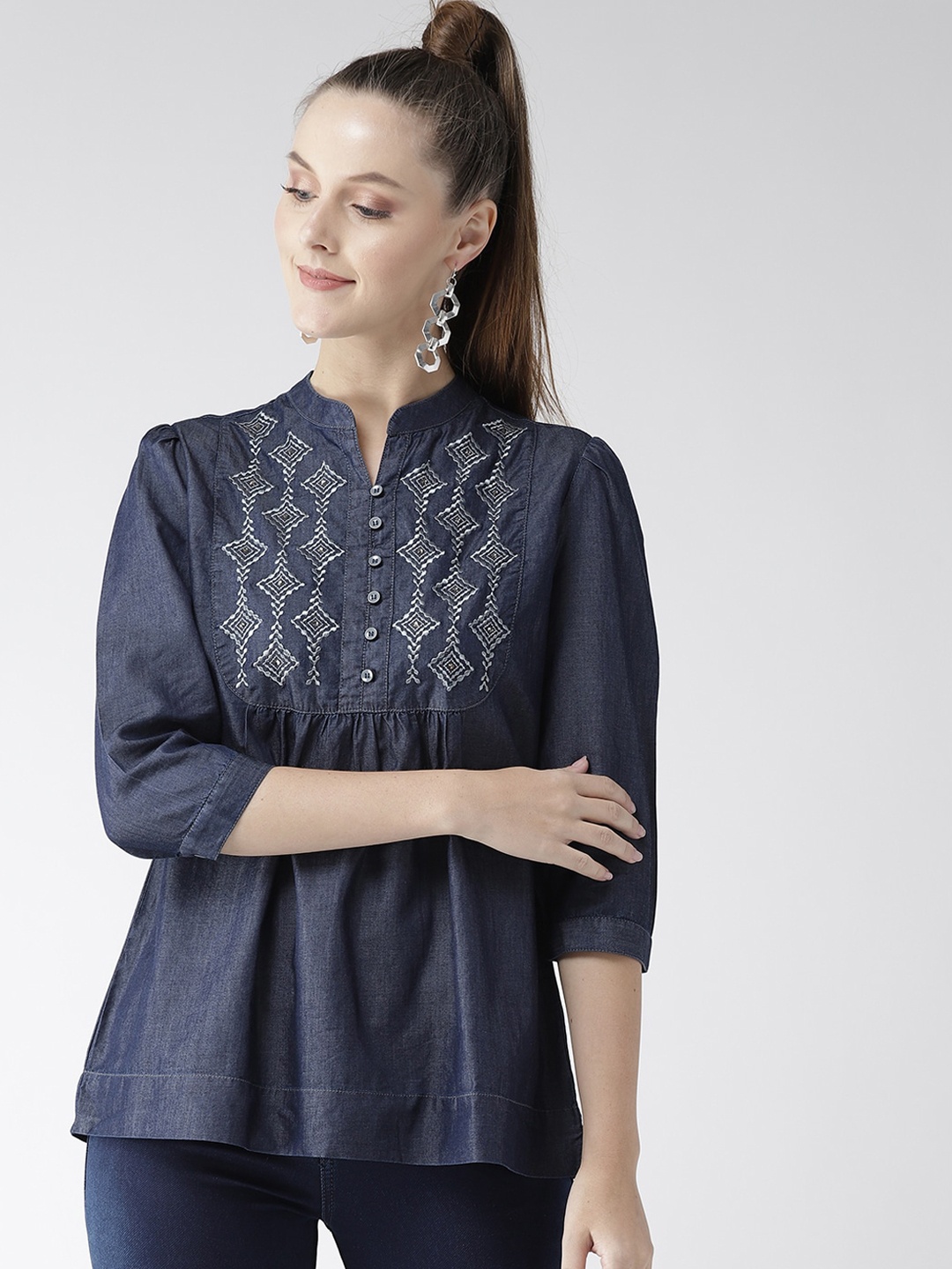 

Xpose Navy Blue & Off White Geometric Embroidered Mandarin Collar Pure Cotton A-Line Top