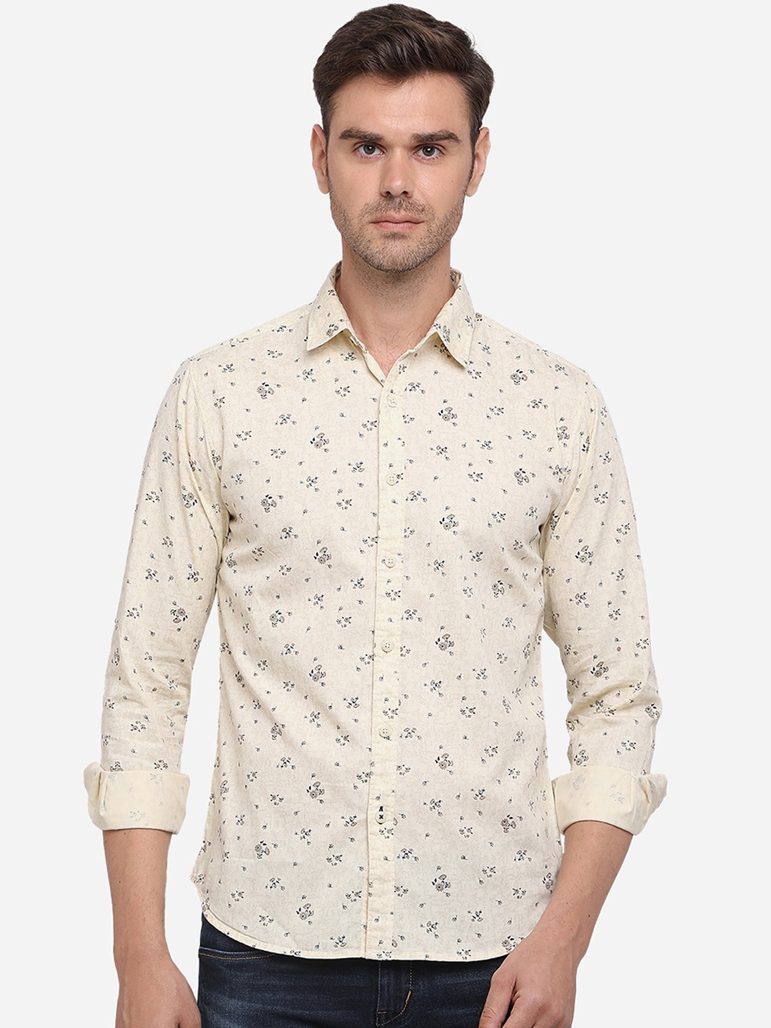 

Greenfibre Men Slim Fit Printed Cotton Casual Shirt, Cream