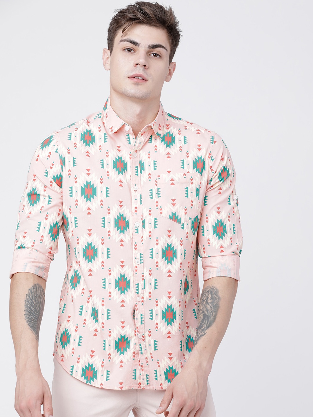 

LOCOMOTIVE Men Pink & Green Slim Fit Printed Casual Shirt