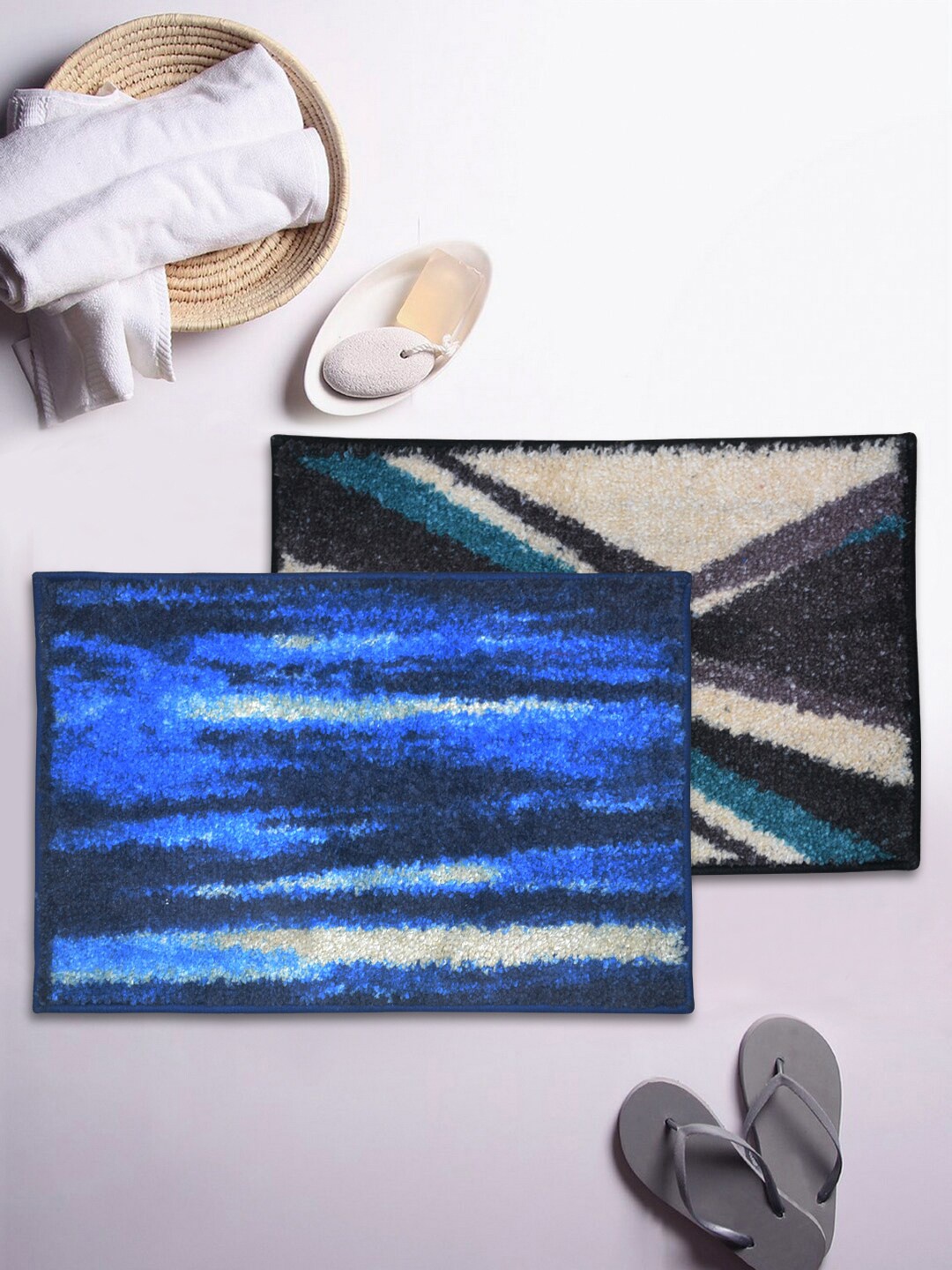 

BIANCA Set of 2 Printed Anti-Skid Rectangular Bath Rugs, Blue