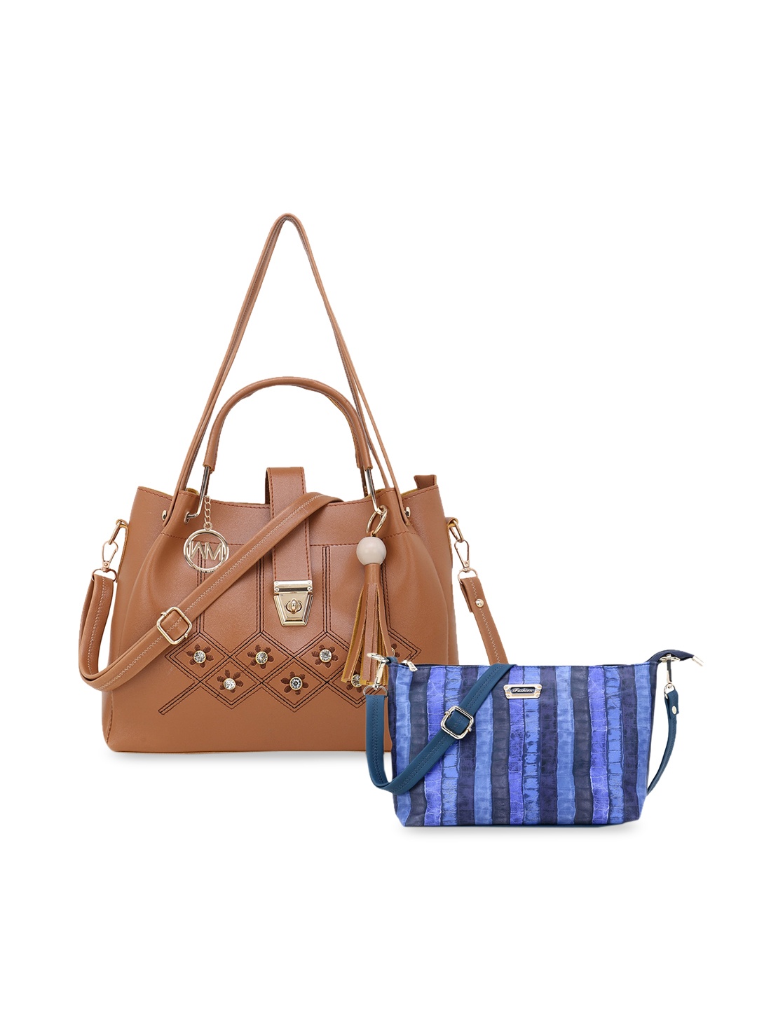 

WOMEN MARKS Tan Brown Embellished Handheld Bag with Sling Bag