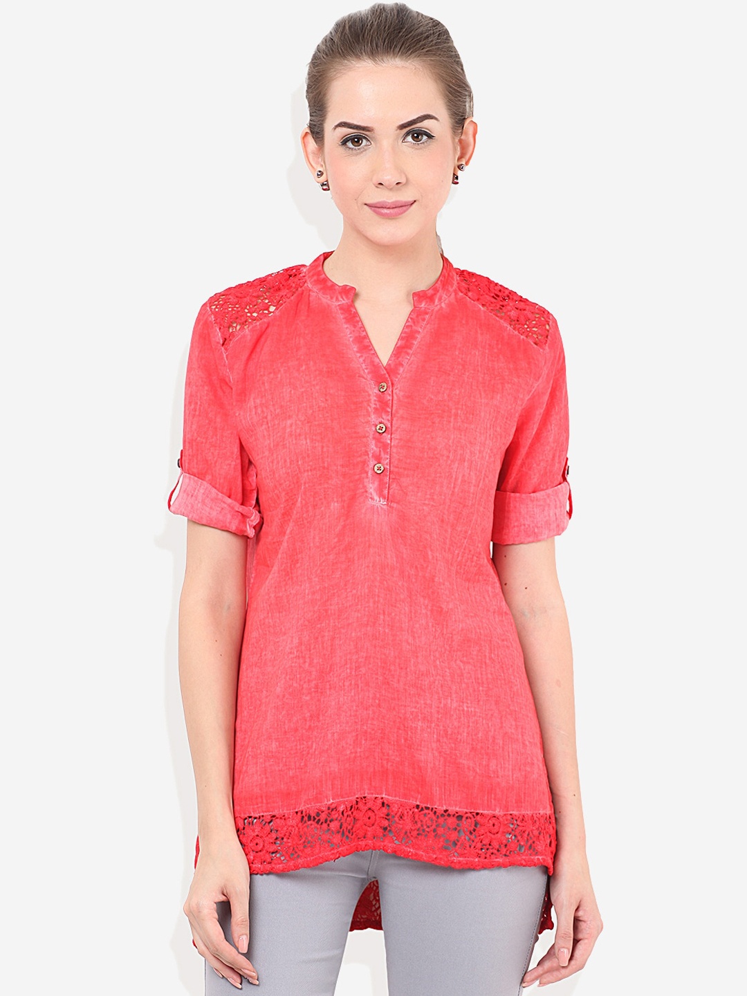 

Porsorte Women Red Solid Mandarin Collar Shirt Style Top