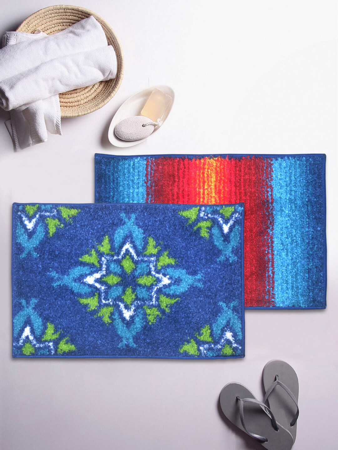 

BIANCA Set Of 2 Blue & Red Printed Microfibre Anti-Skid Bath Rugs