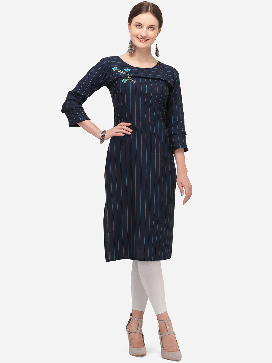 

Youthnic Women Navy Blue Striped Kurta