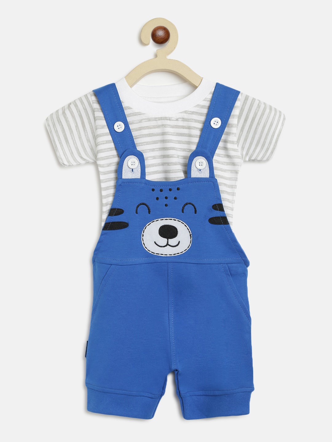 

Lil Tomatoes Infant Kids Blue & White Printed Dungaree & T-Shirt With Free Gift