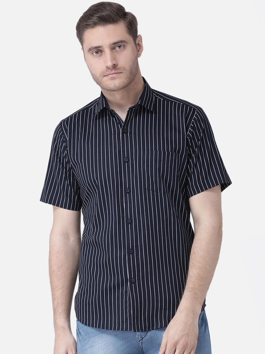 

Zeal Men Navy Blue & White Regular Fit Striped Pure Cotton Casual Shirt