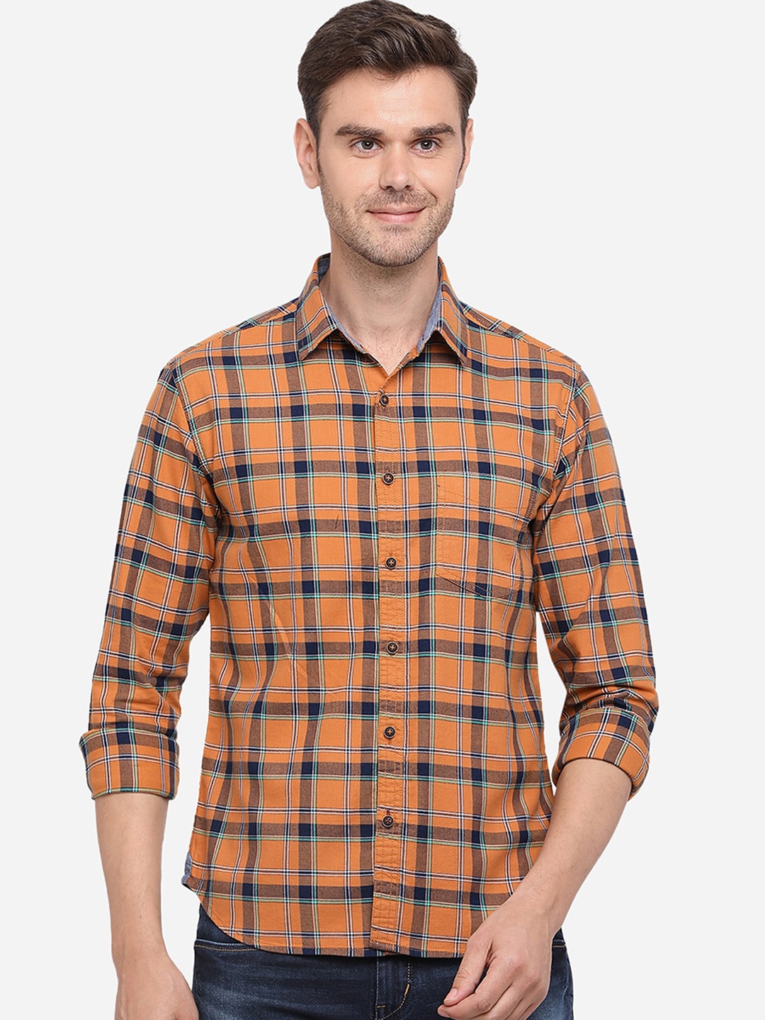 

Greenfibre Men Orange Slim Fit Checked Casual Shirt