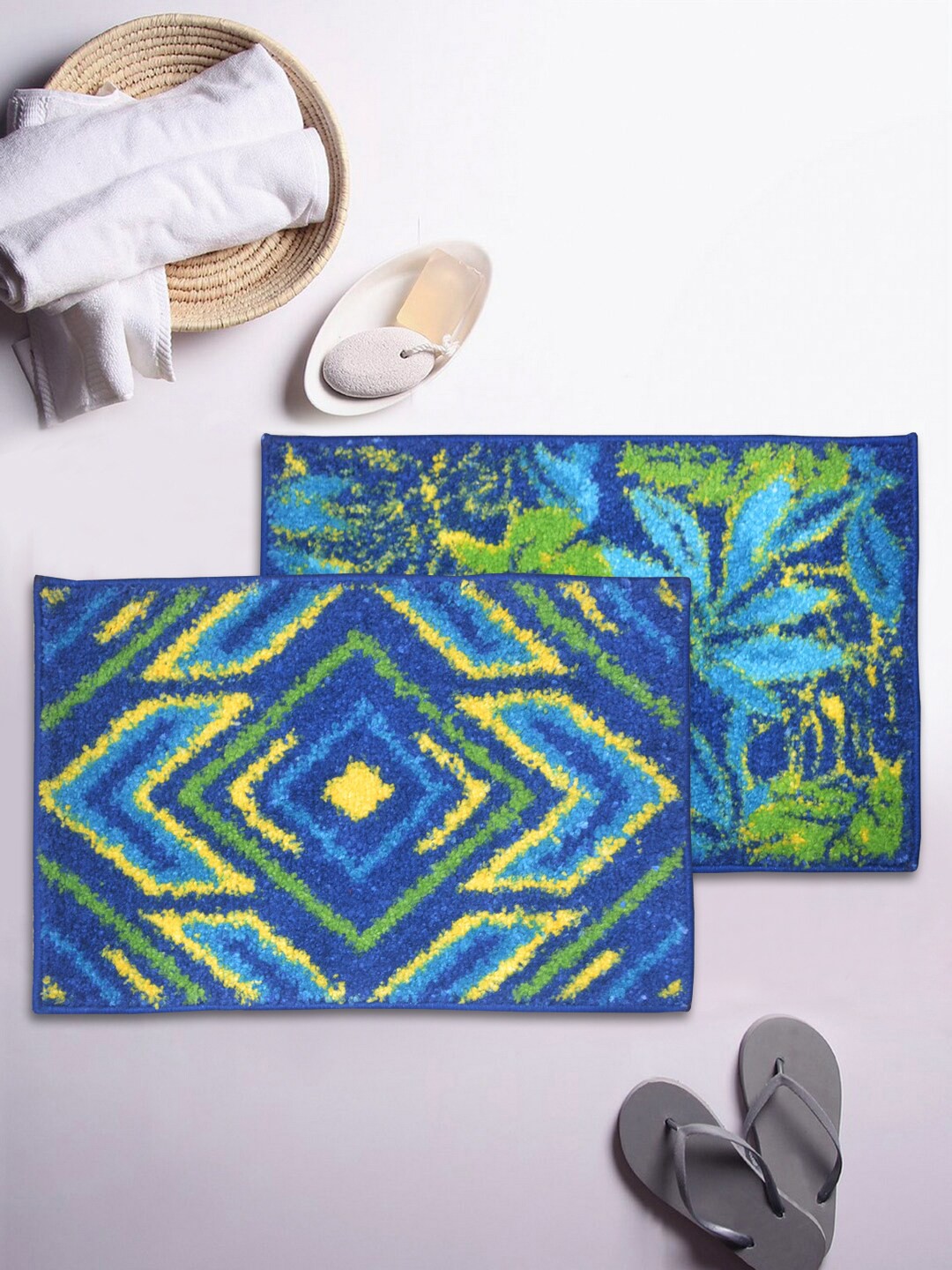 

BIANCA Set of 2 Printed Anti-Skid Rectangular Bath Rugs, Blue