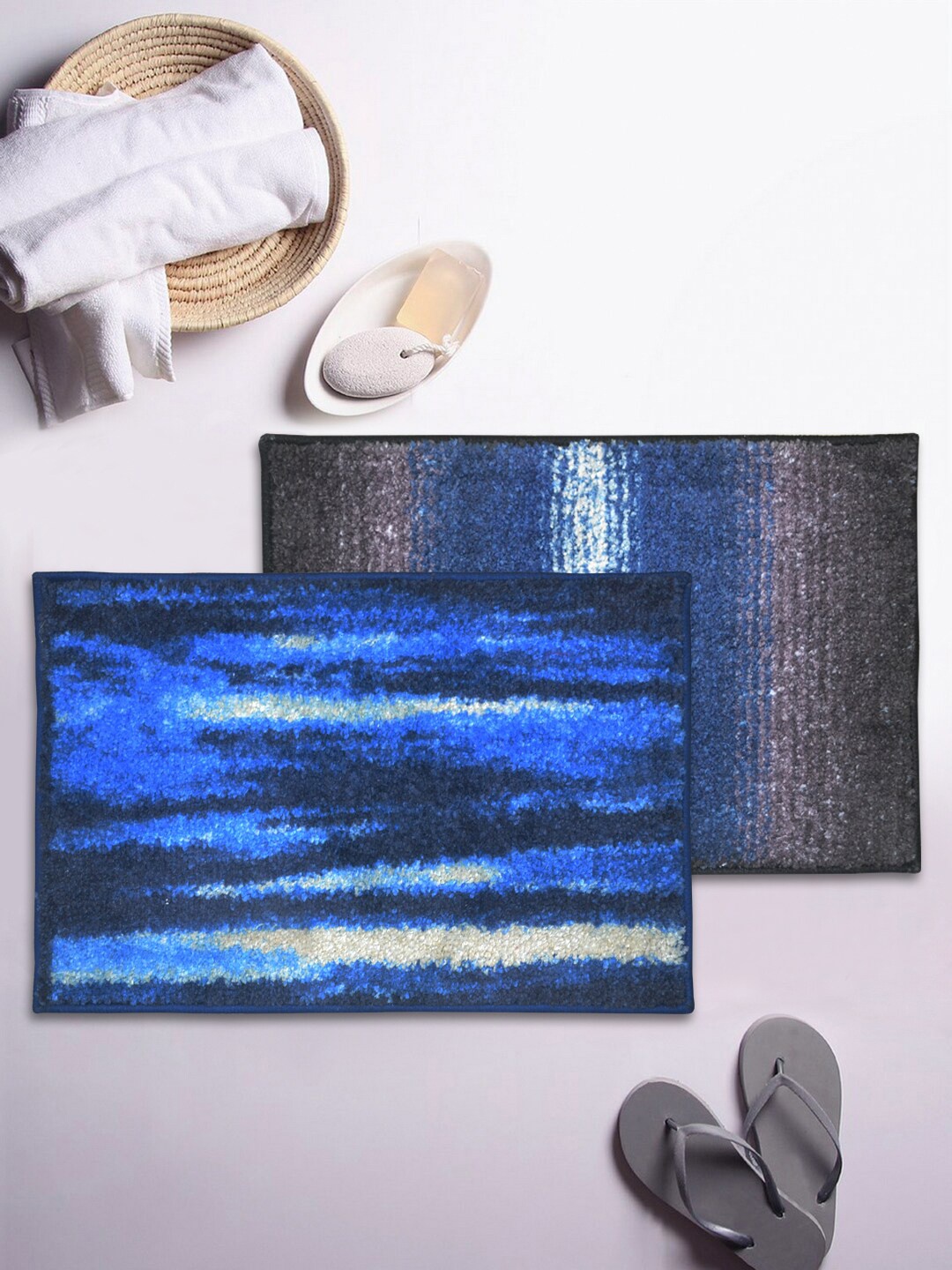 

BIANCA Set Of 2 Blue & Grey Printed Anti-Skid Rubber Back Superdry Bath Rugs