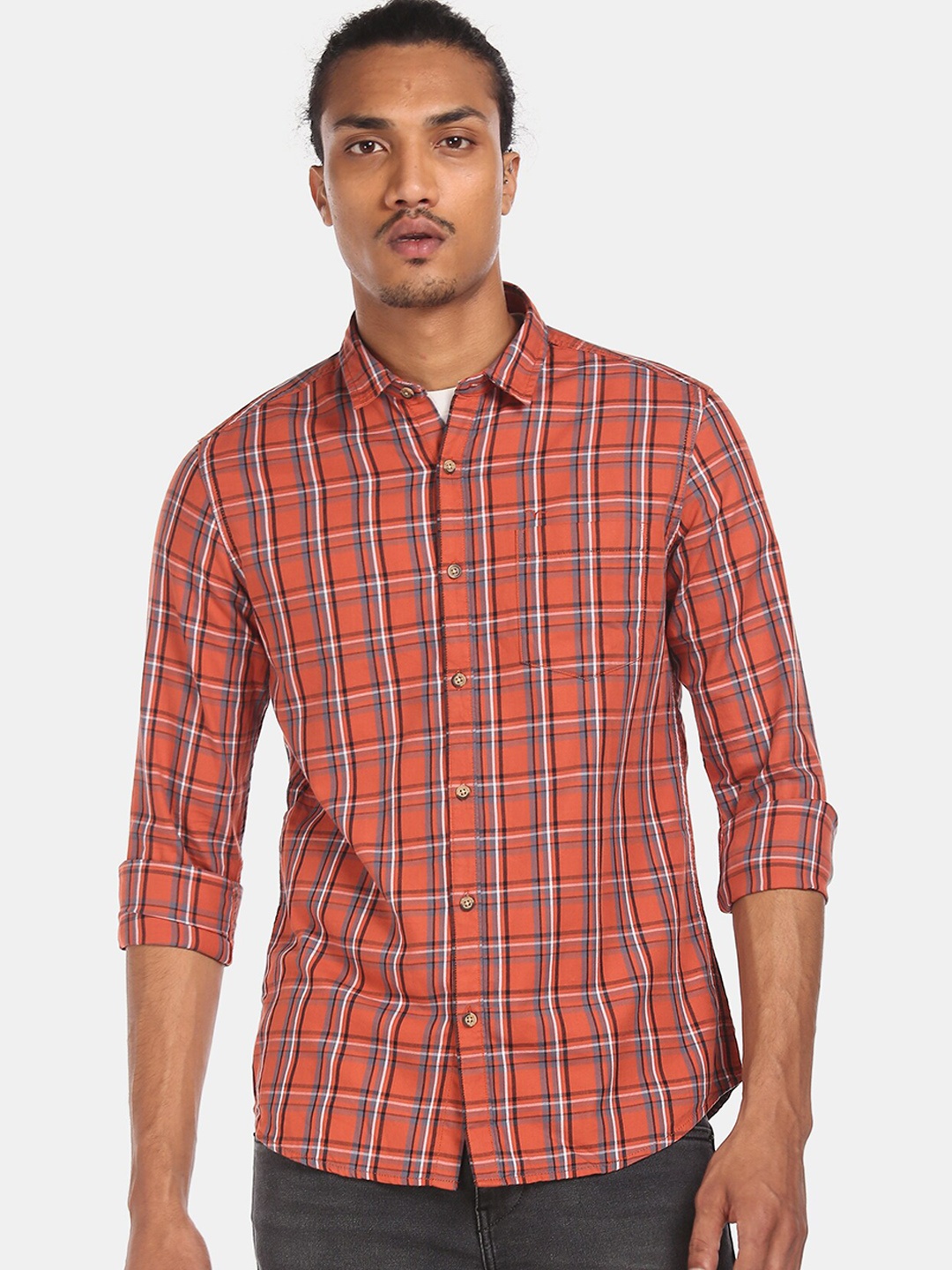 

Flying Machine Men Orange Regular Fit Checked Casual Cotton Shirt
