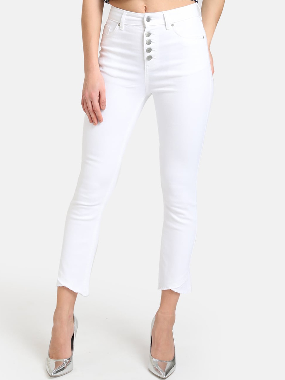 

Kazo Women White Regular Fit Mid-Rise Clean Look Jeans With Cross Fringe Hem