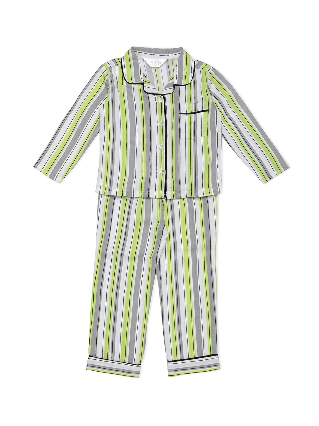 

Mystere Paris Girls Green & White Striped Night suit