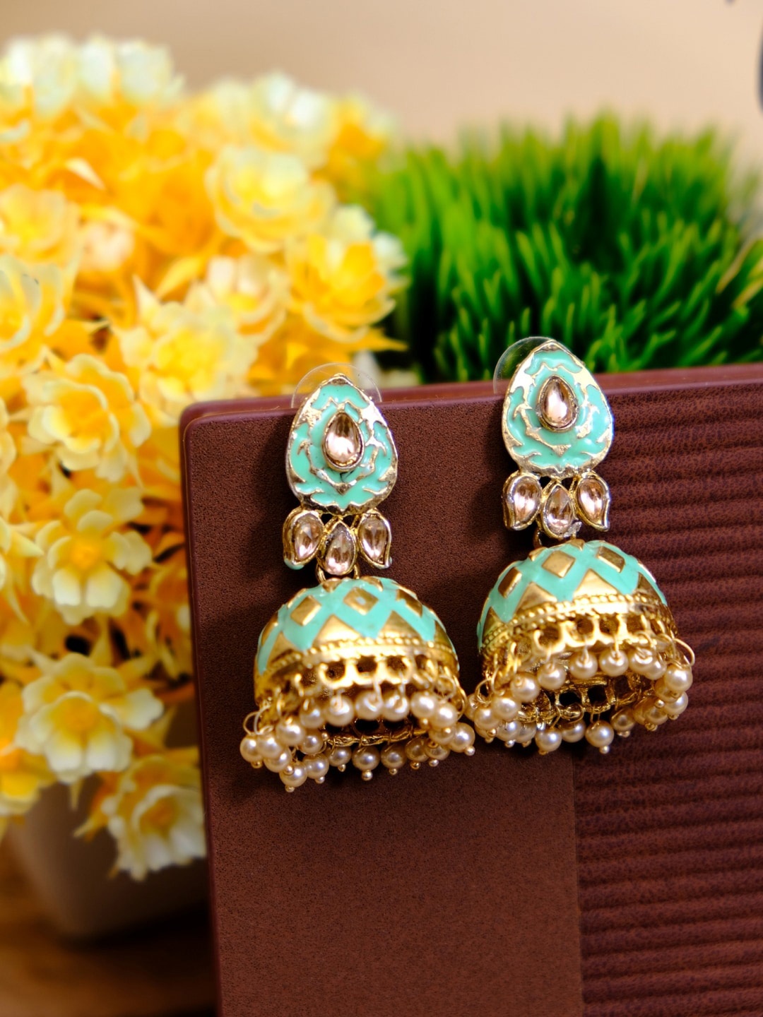 

Crunchy Fashion Green & Gold-Plated Contemporary Jhumkas