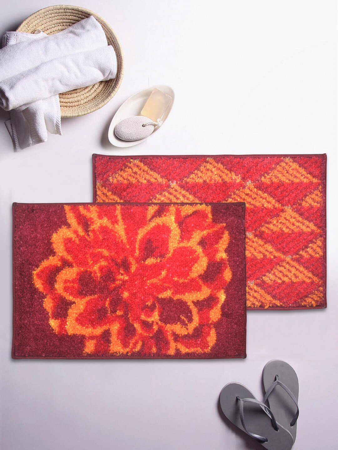 

BIANCA Set Of 2 Printed 1850 GSM Anti-Skid Bath Rugs, Red