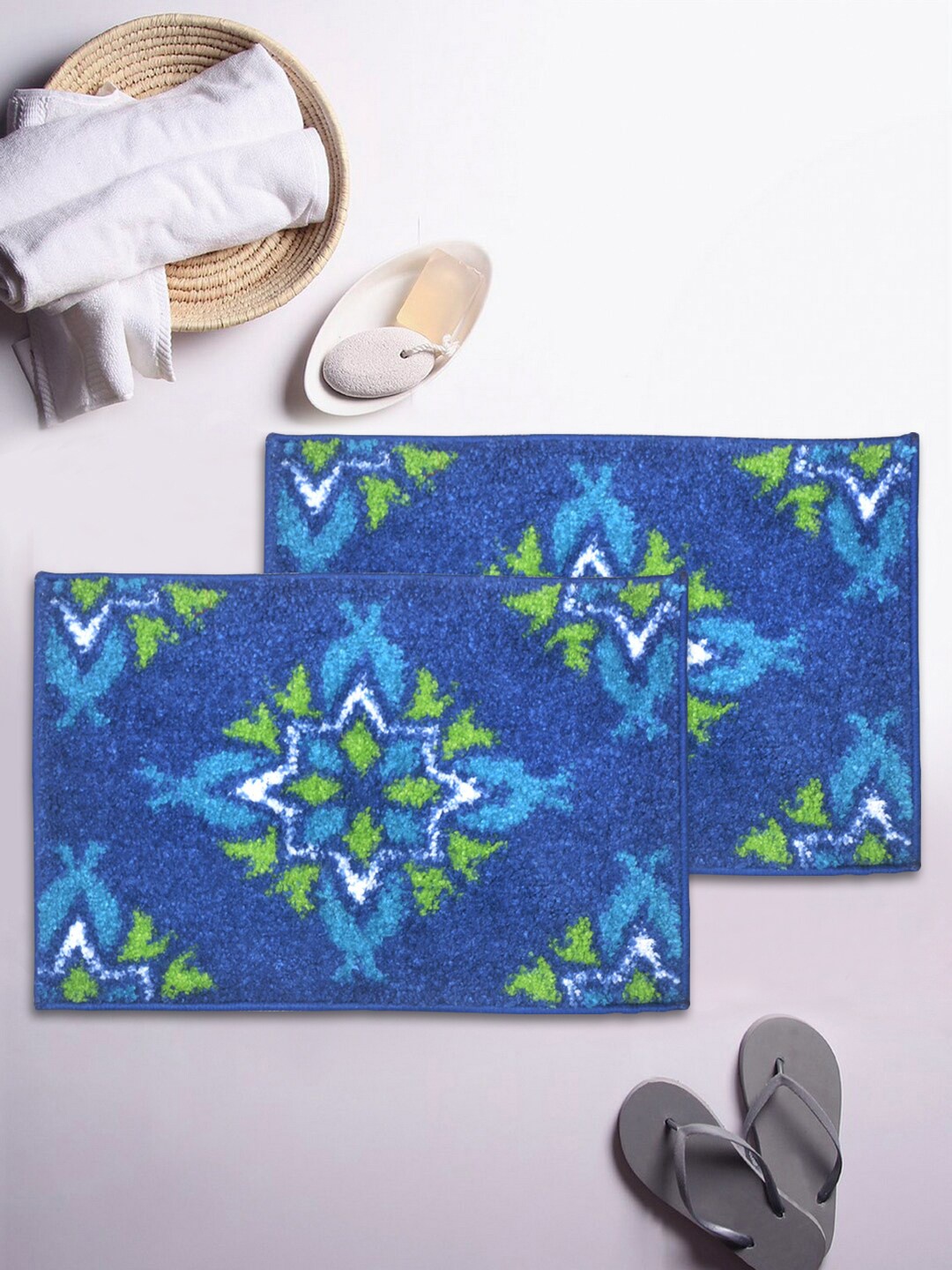 

BIANCA Set Of 2 Blue & Green Printed Microfibre Anti-Skid Bath Rugs