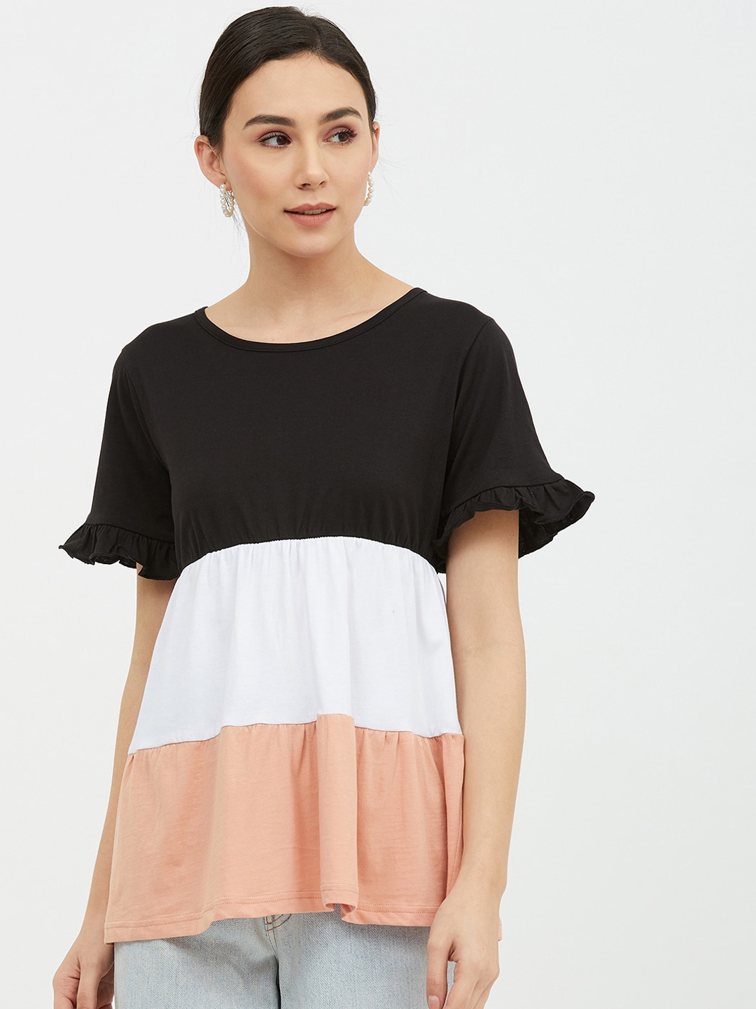 

Harpa Peach-Coloured Colourblocked Bell Sleeves Pure Cotton A-Line Top