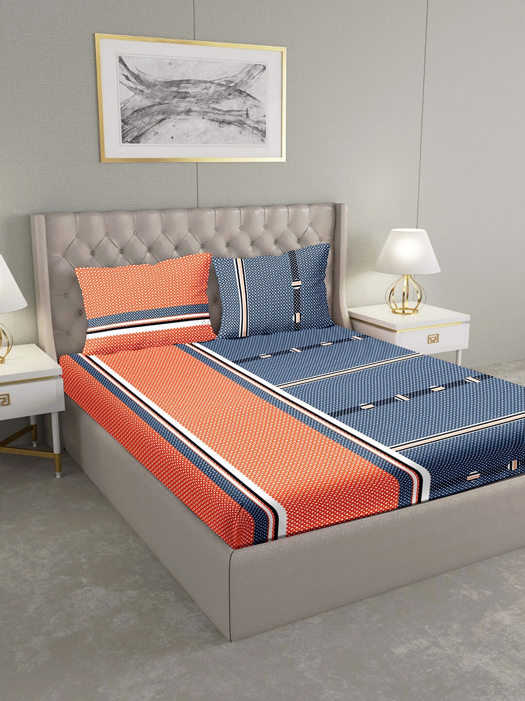

BELLA CASA Orange & Navy Blue Geometric 124 TC Cotton 1 Extra Large Bedsheet with 2 Pillow Covers