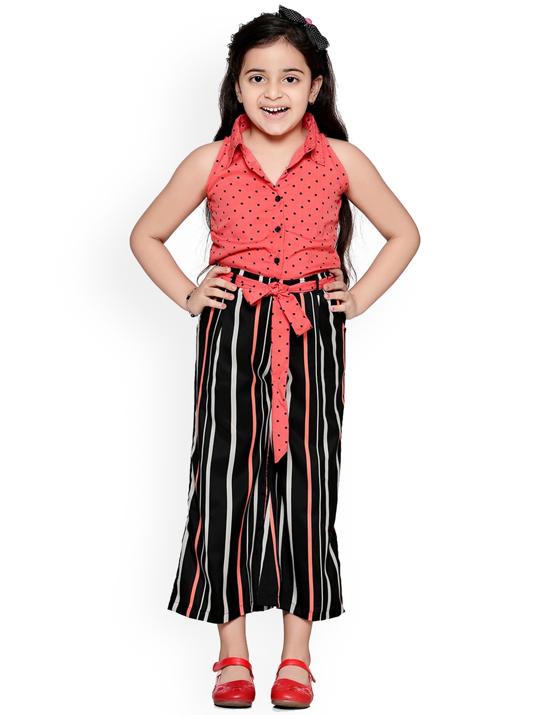 

LilPicks Girls Coral & Black Printed Basic Jumpsuit