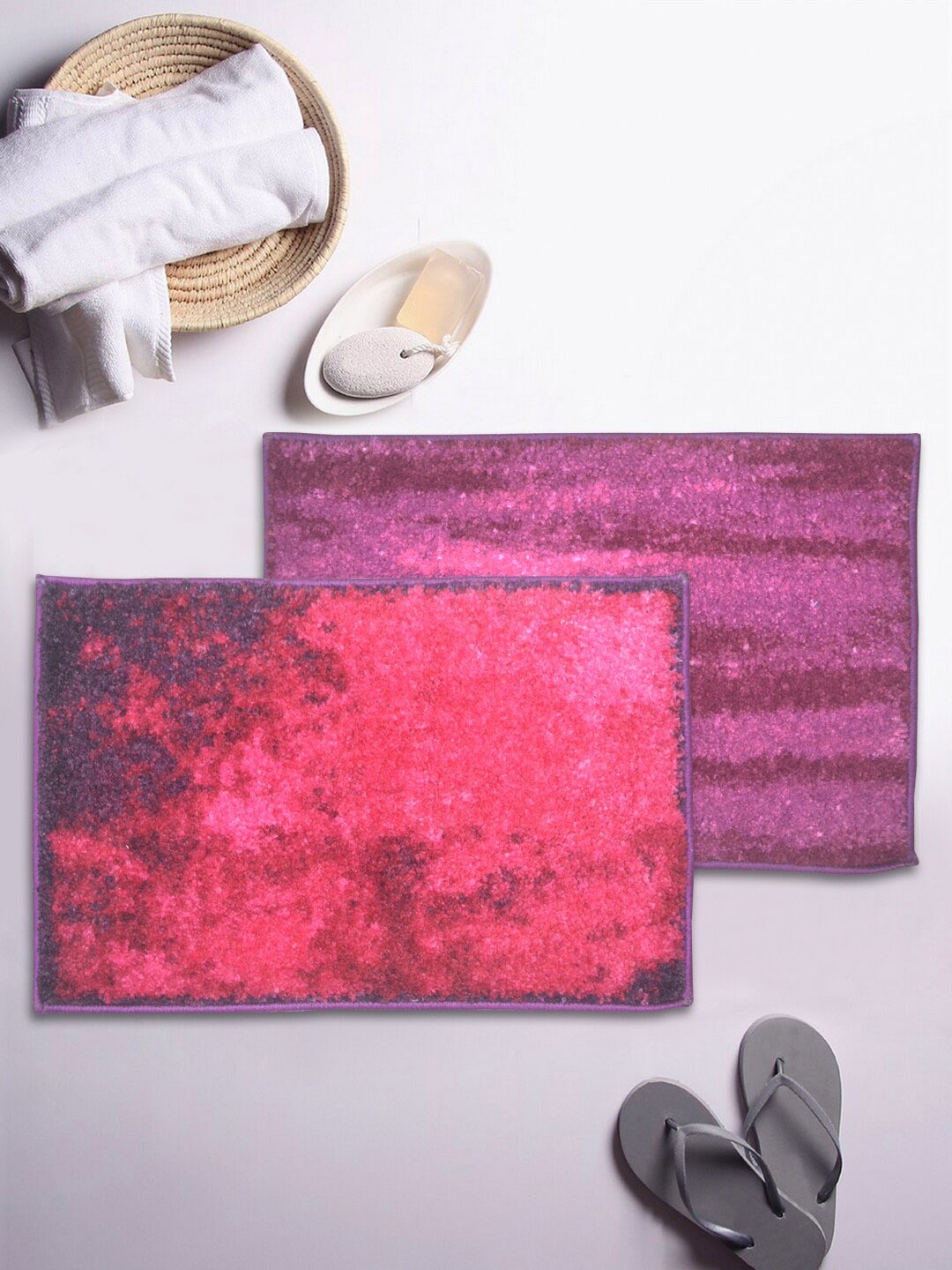 BIANCA Set of 2 Printed Anti-Skid Rectangular Bath Rugs, Purple