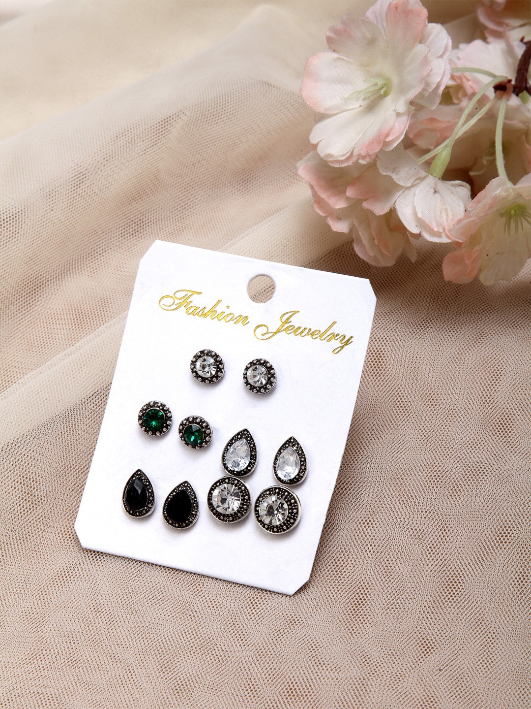 

Shining Diva Fashion Set Of 5 Black Silver-Toned Classic Studs