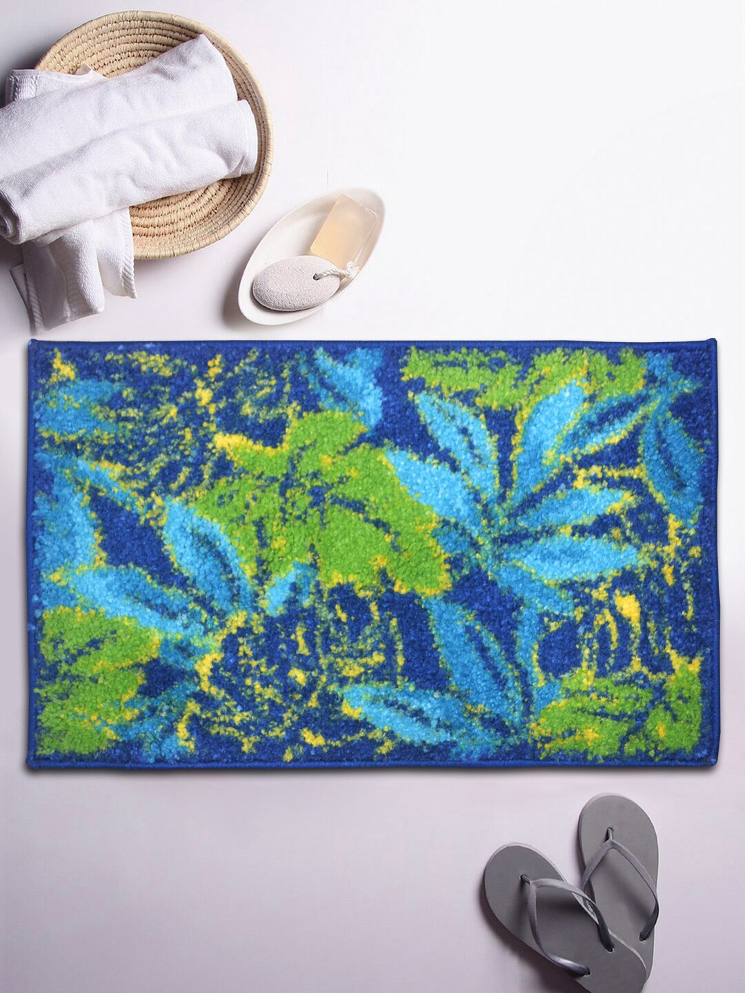 

BIANCA Blue & Yellow Leaf Patterned 1850 GSM Anti-Skid Bath Rug