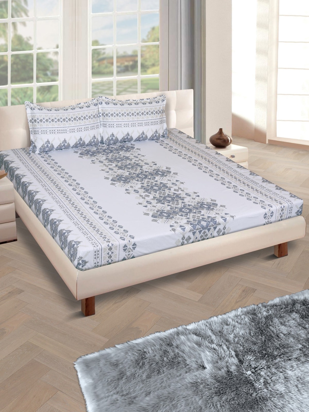 

ROMEE Blue & Teal Ethnic Motifs 160 TC Cotton 1 Queen Bedsheet with 2 Pillow Covers