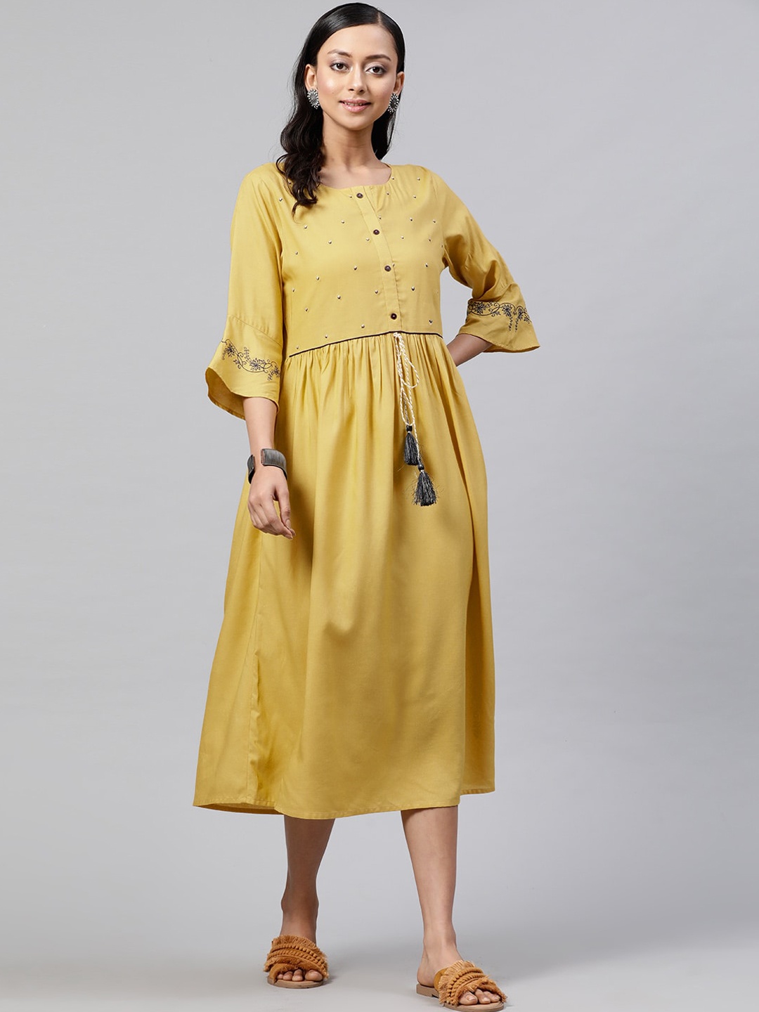 

STREET 9 Women Mustard Yellow Embroidered A-Line Dress