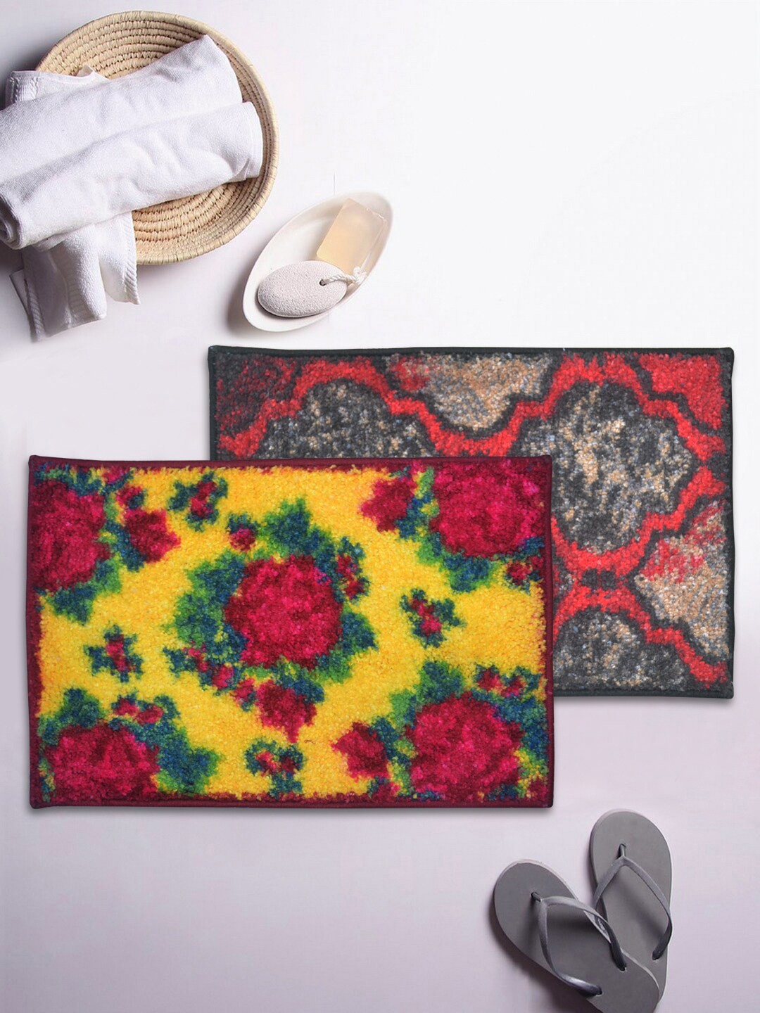 

BIANCA Set Of 2 Printed 1850 GSM Microfibre Anti-Skid Bath Rugs, Yellow