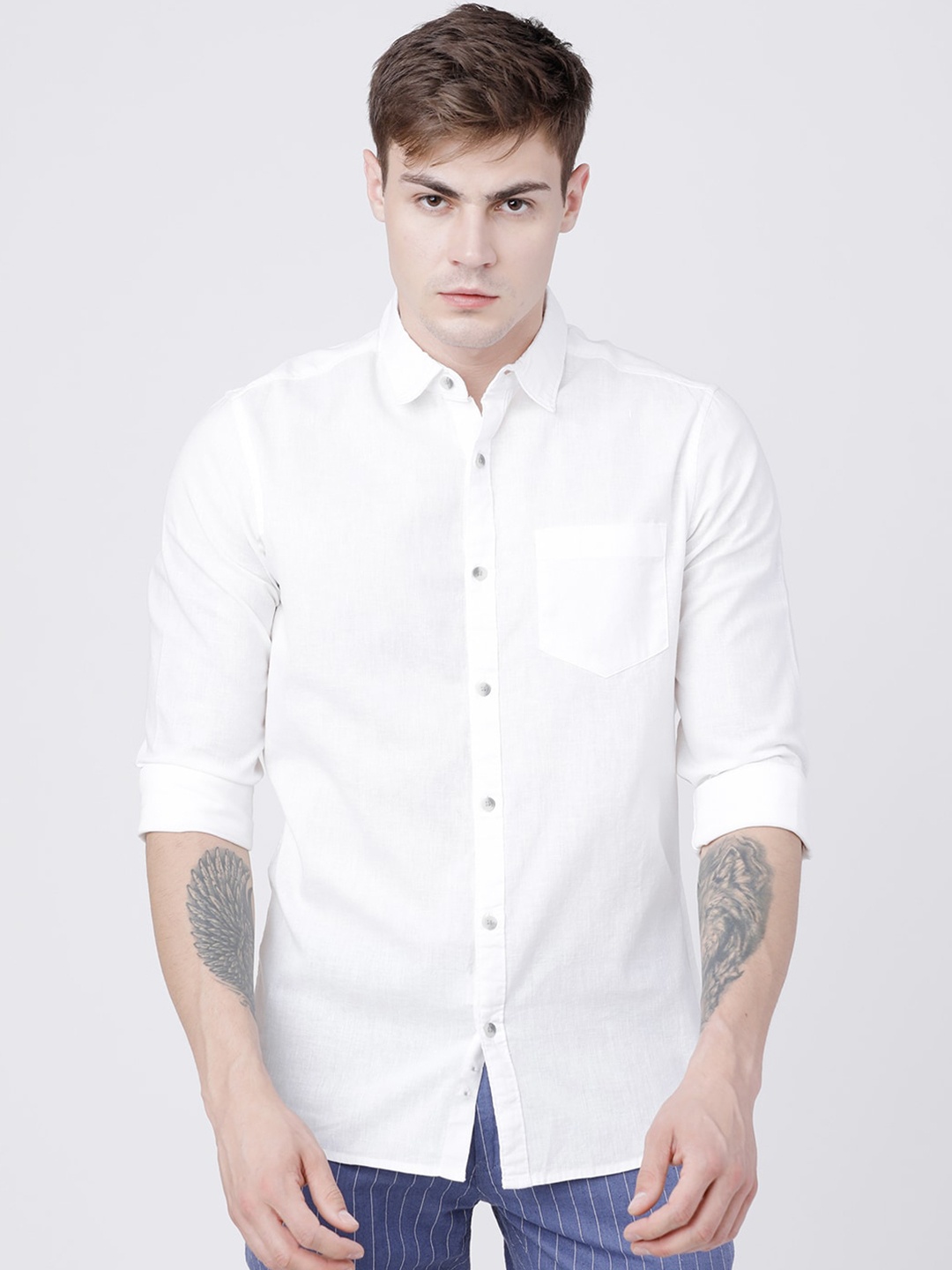 

HIGHLANDER Men White Slim Fit Casual Cotton Linen Shirt