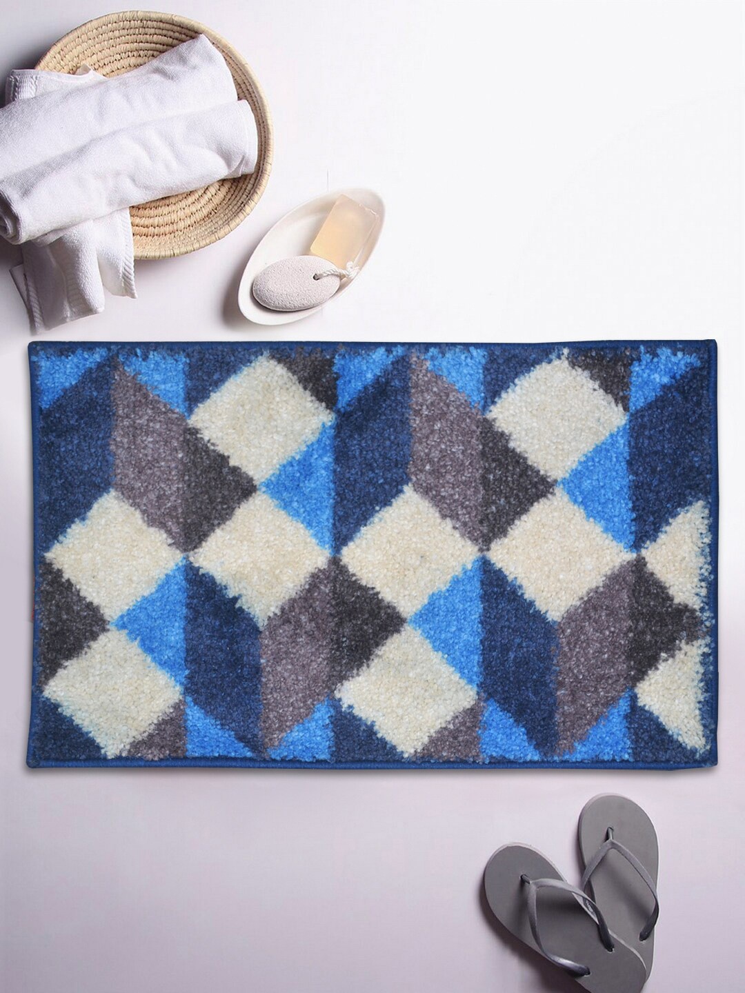 BIANCA Blue & White Printed Anti-Skid Rubber Back Superdry Bath Rug