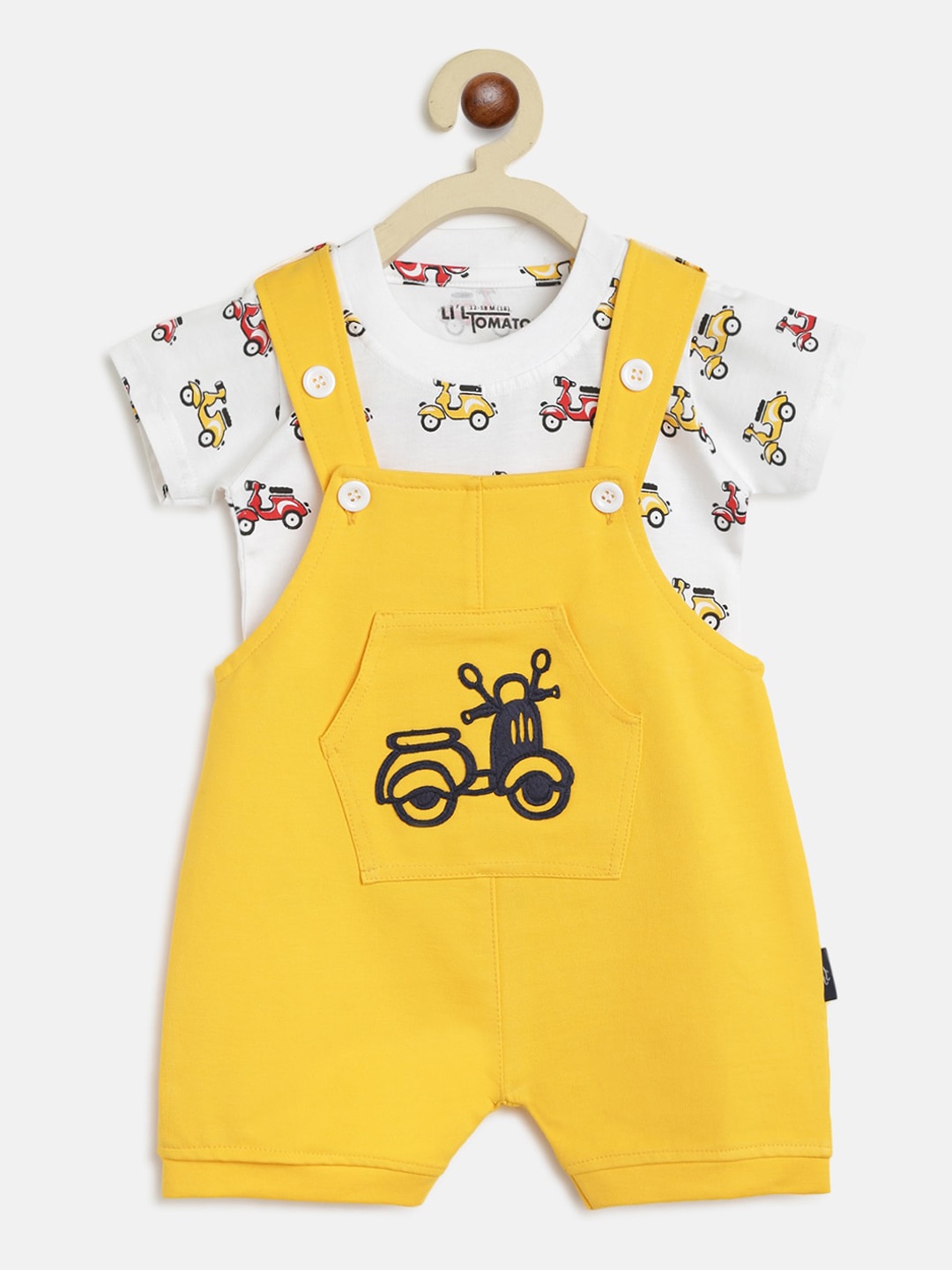 

Lil Tomatoes Infant Kids Yellow & White Printed Dungarees with T-Shirt