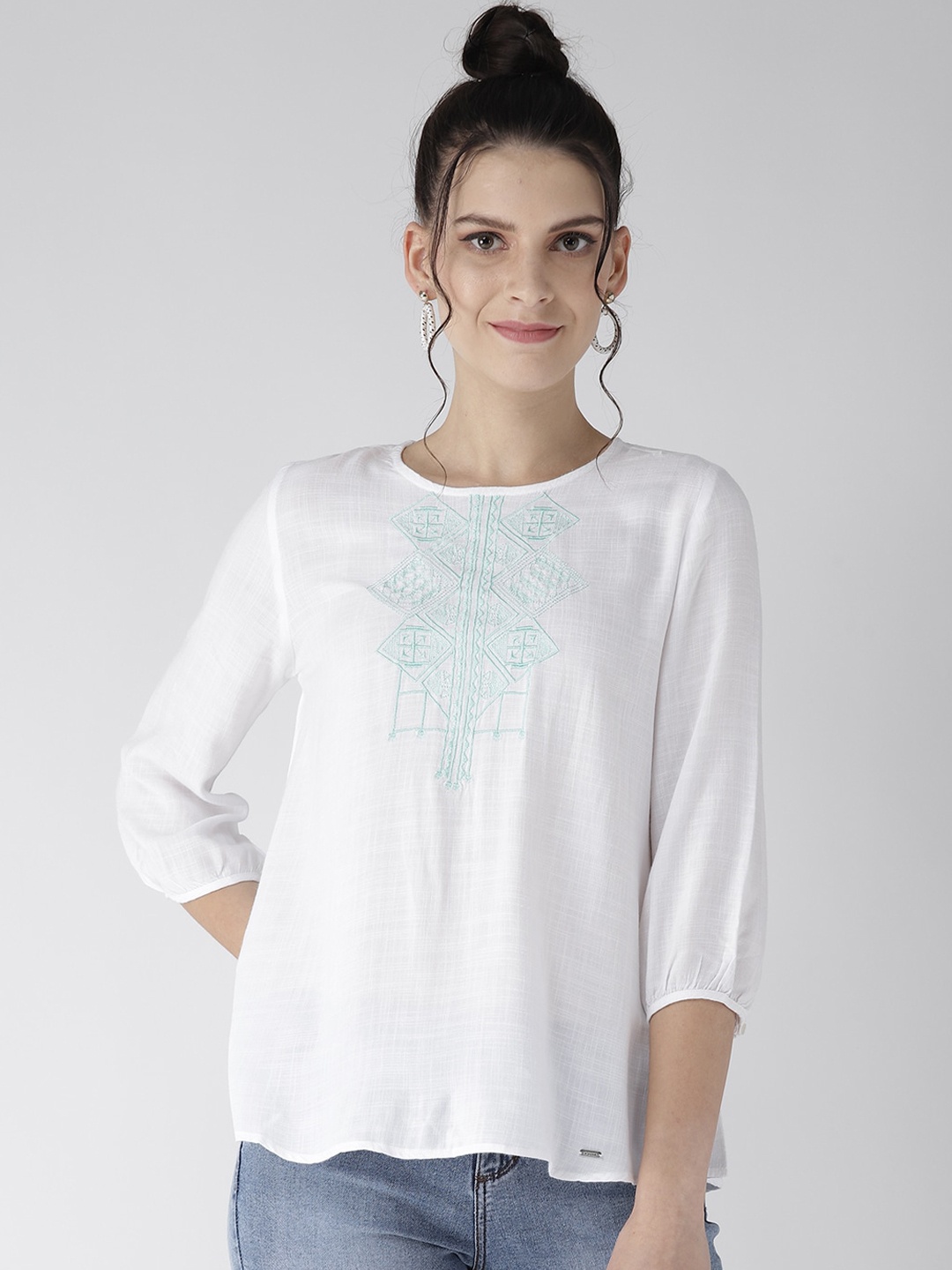 

Xpose White & Blue Geometric Embroidered Regular Top