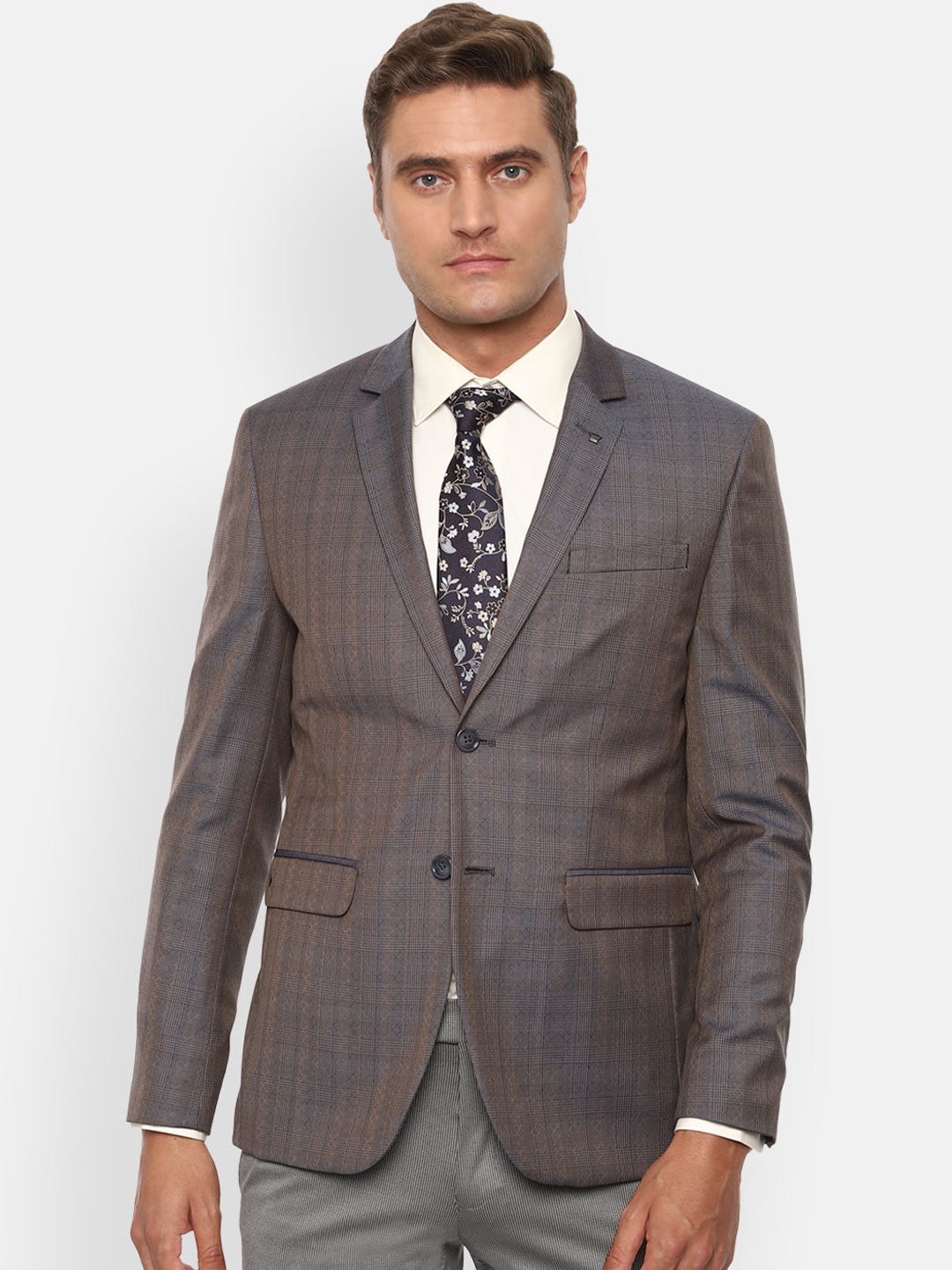 

Louis Philippe Men Grey & Brown Checked Slim-Fit Single-Breasted Formal Blazer