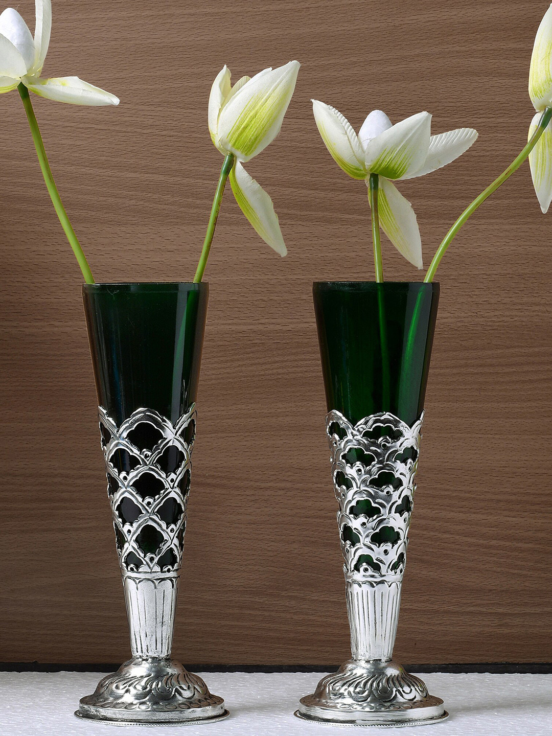 

Homesake Set of 2 Green & Silver-Toned Hand Carved Flower Vases