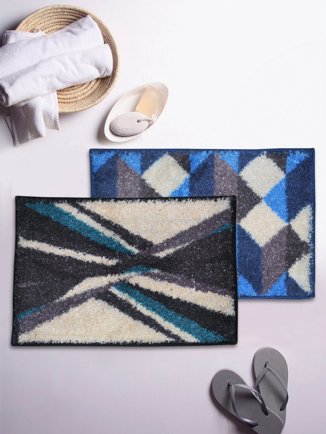 

BIANCA Set Of 2 Printed 1850 GSM Anti-Skid Bath Rugs, Blue