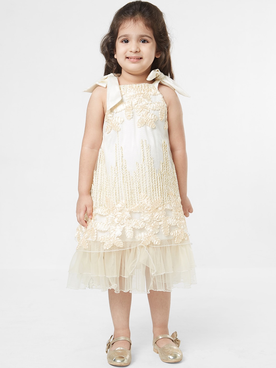 

TIC TAC TOE Girls Beige Self Design A-Line Dress