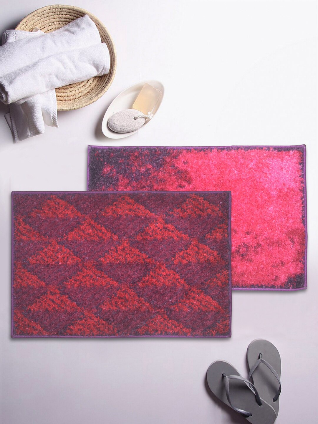 

BIANCA Set Of 2 Purple & Pink Printed Anti-Skid Bath Rugs