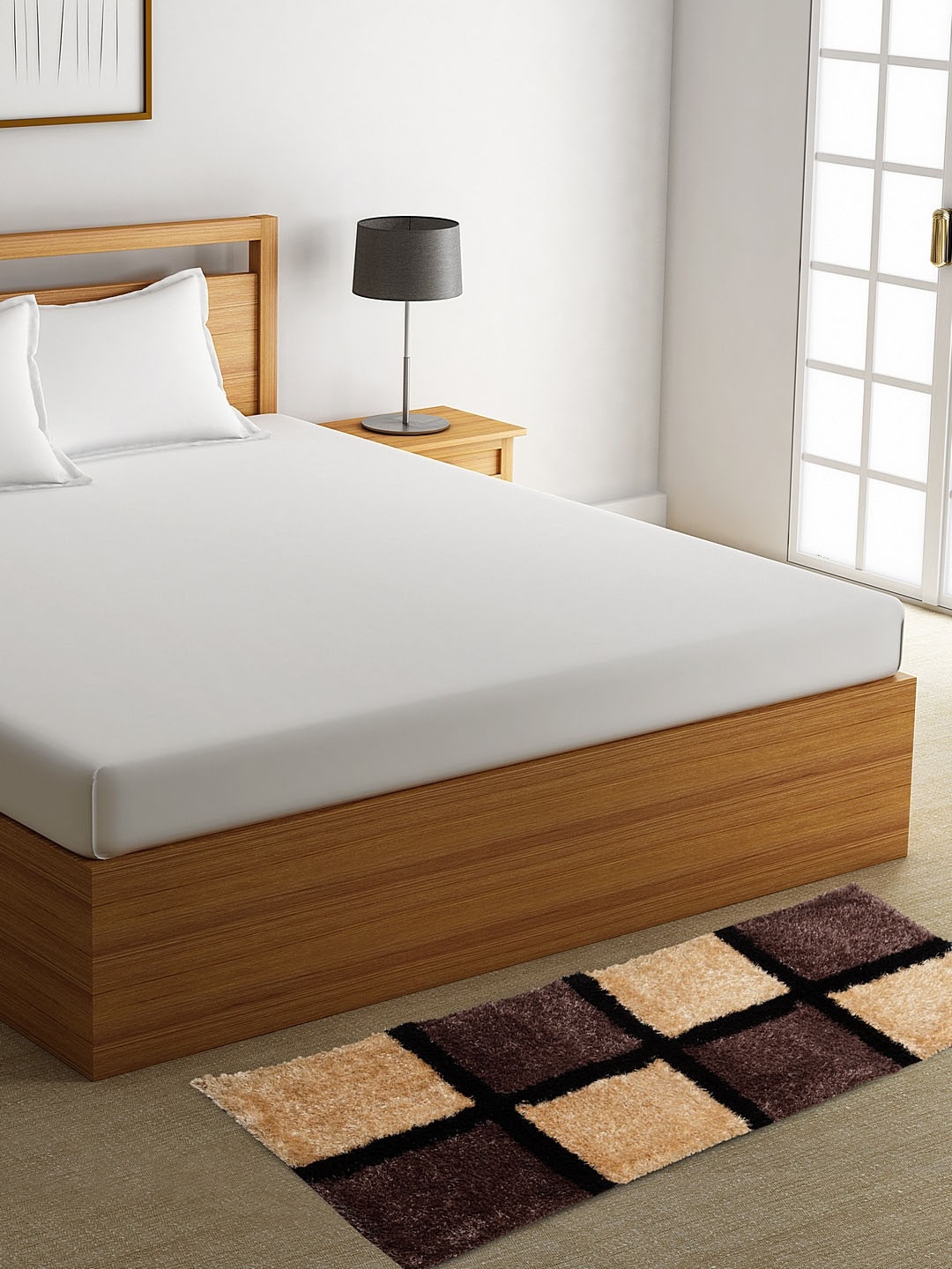 

HOSTA HOMES Brown & Beige Geometric Anti-Skid Shaggy Fur Bed Runner