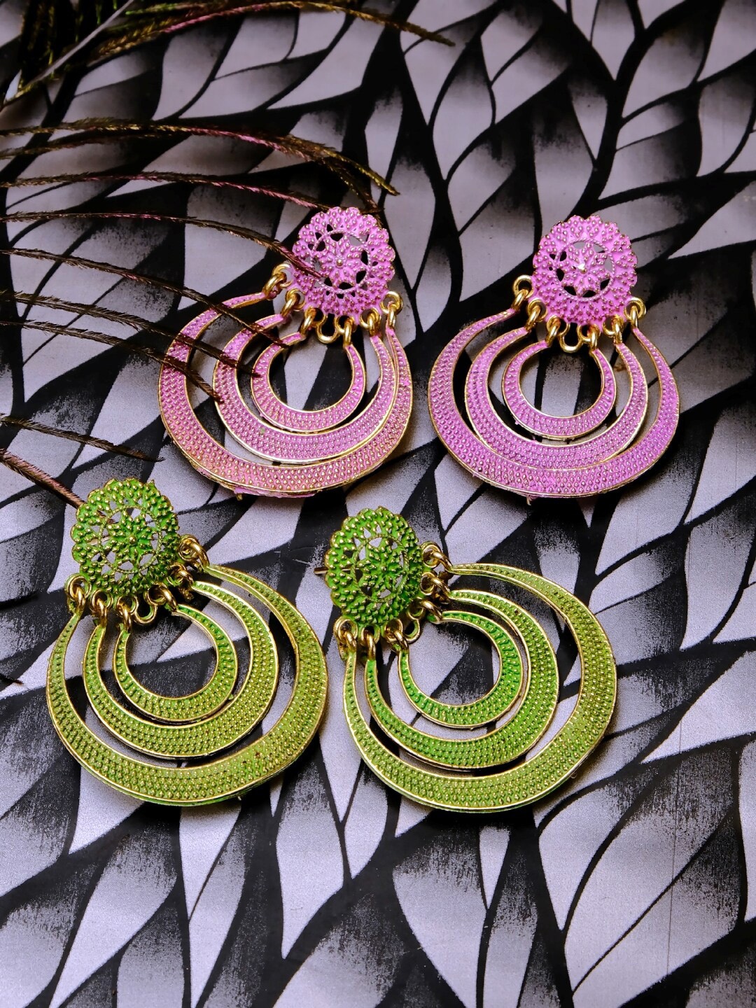 

Crunchy Fashion Set Of 2 Pink & Green Crescent Shaped Chandbalis