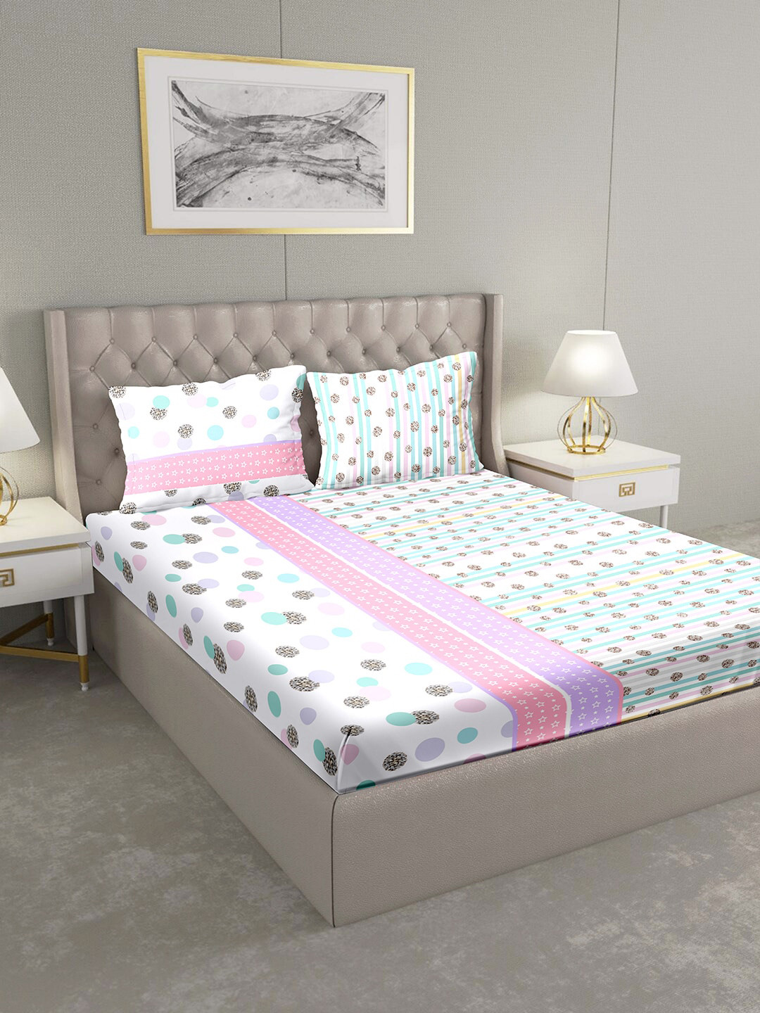

BELLA CASA White & Pink Geometric 124 TC Cotton 1 King Bedsheet with 2 Pillow Covers