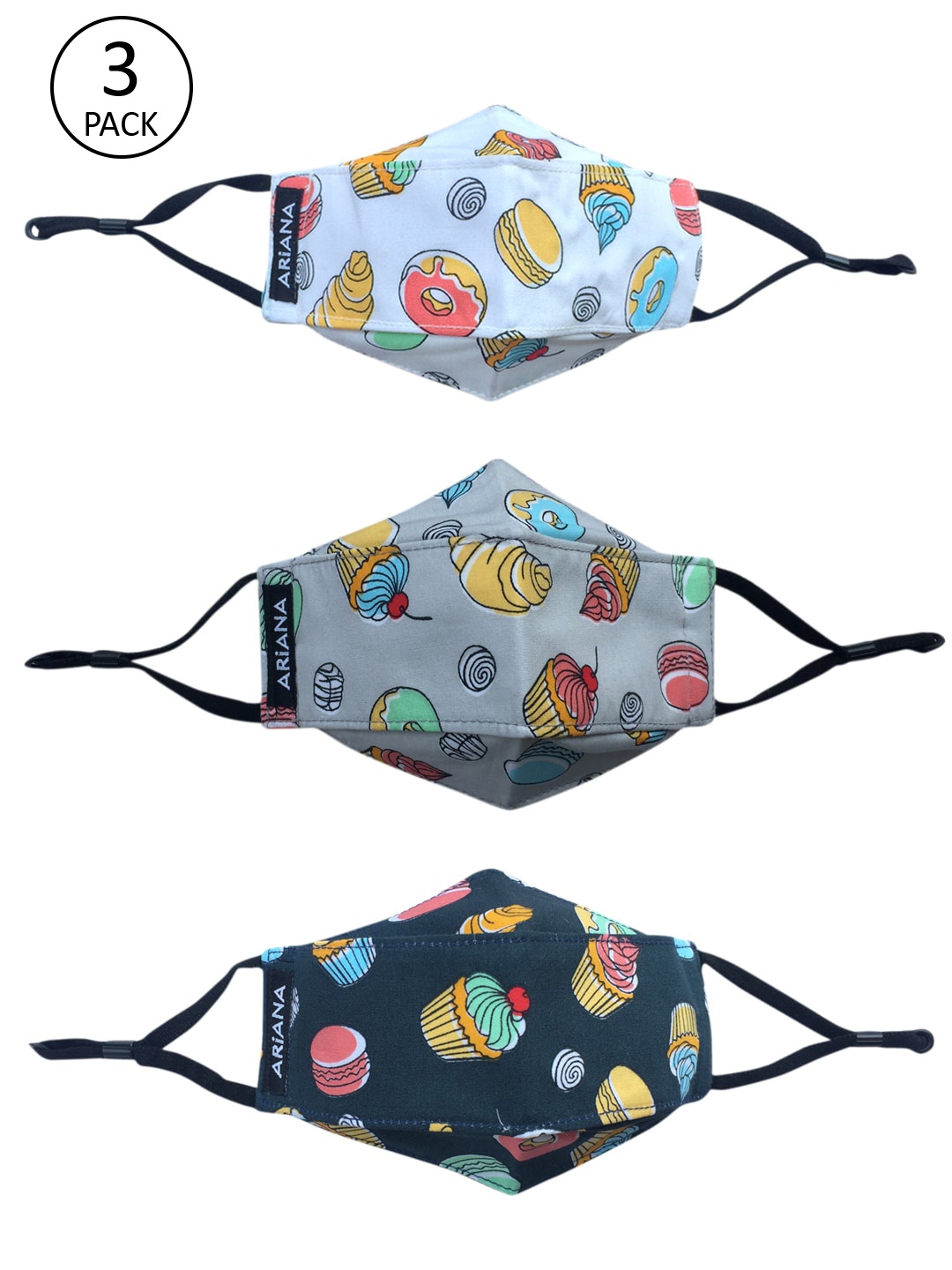 Ariana Kids Pack Of 3 Printed 7-Ply Protective Outdoor Face Masks, Navy blue
