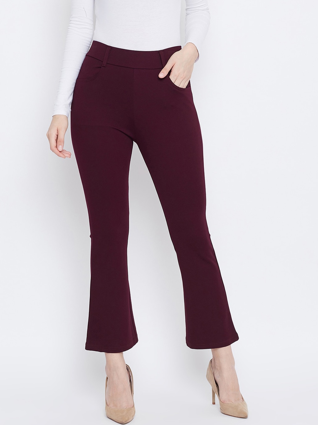 

Clora Creation Women Maroon Solid Bootcut Woven Treggings
