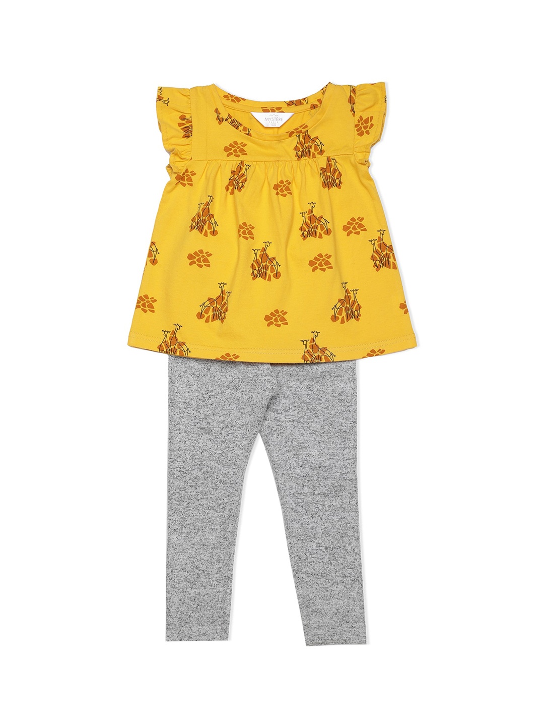 

Mystere Paris Girls Yellow & Grey Melange Printed Night suit