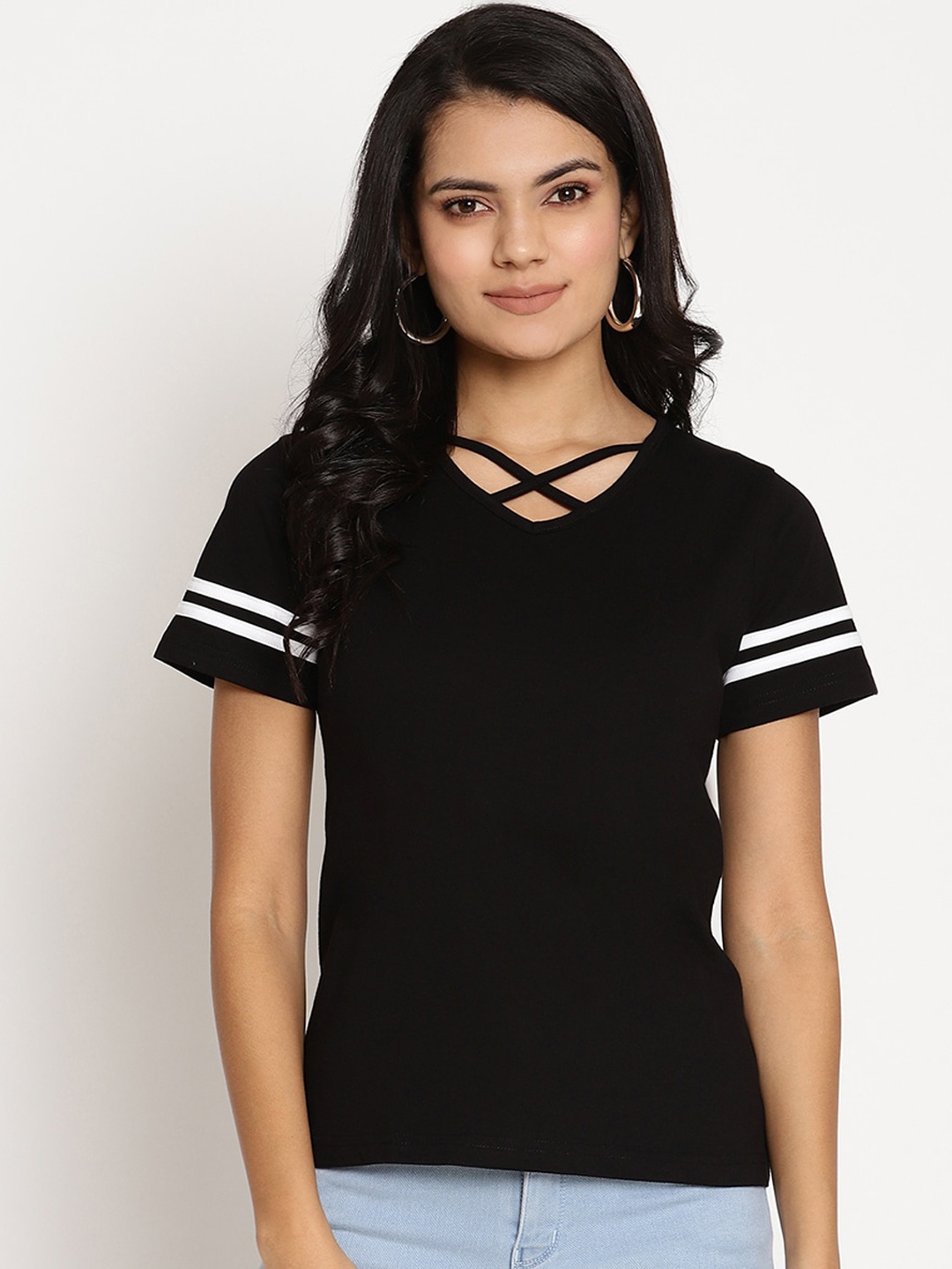 

The Vanca Women Black Solid V-Neck T-shirt