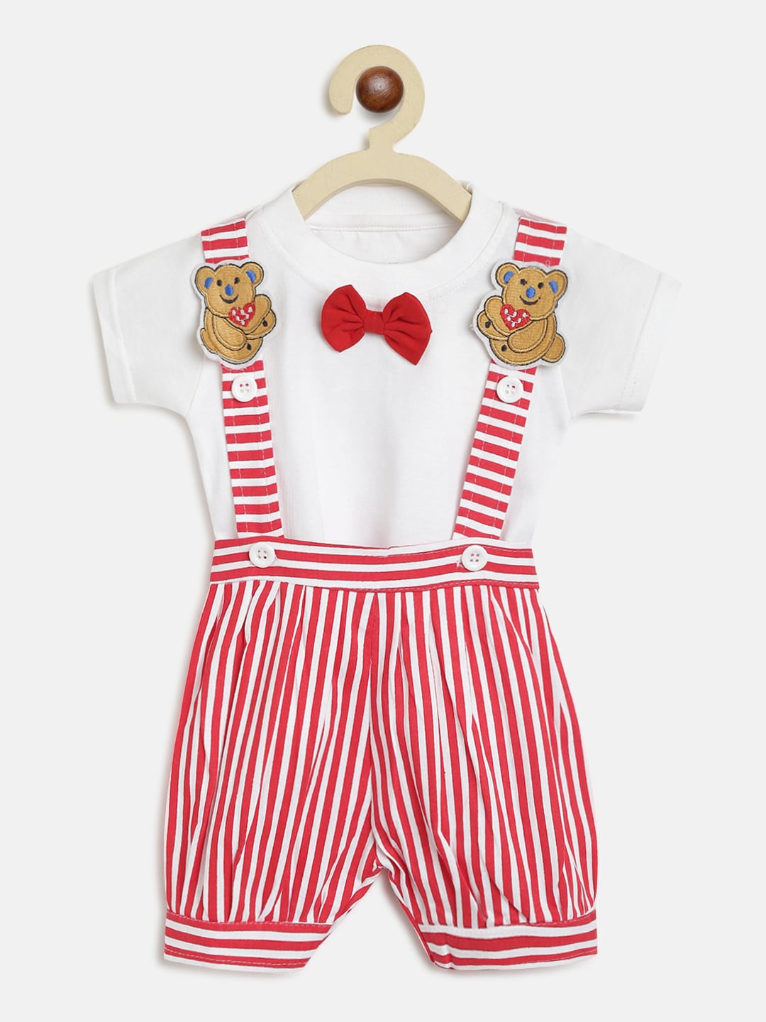 

Lil Tomatoes Infant Kids Red & White Striped Dungaree & T-Shirt With Free Gift