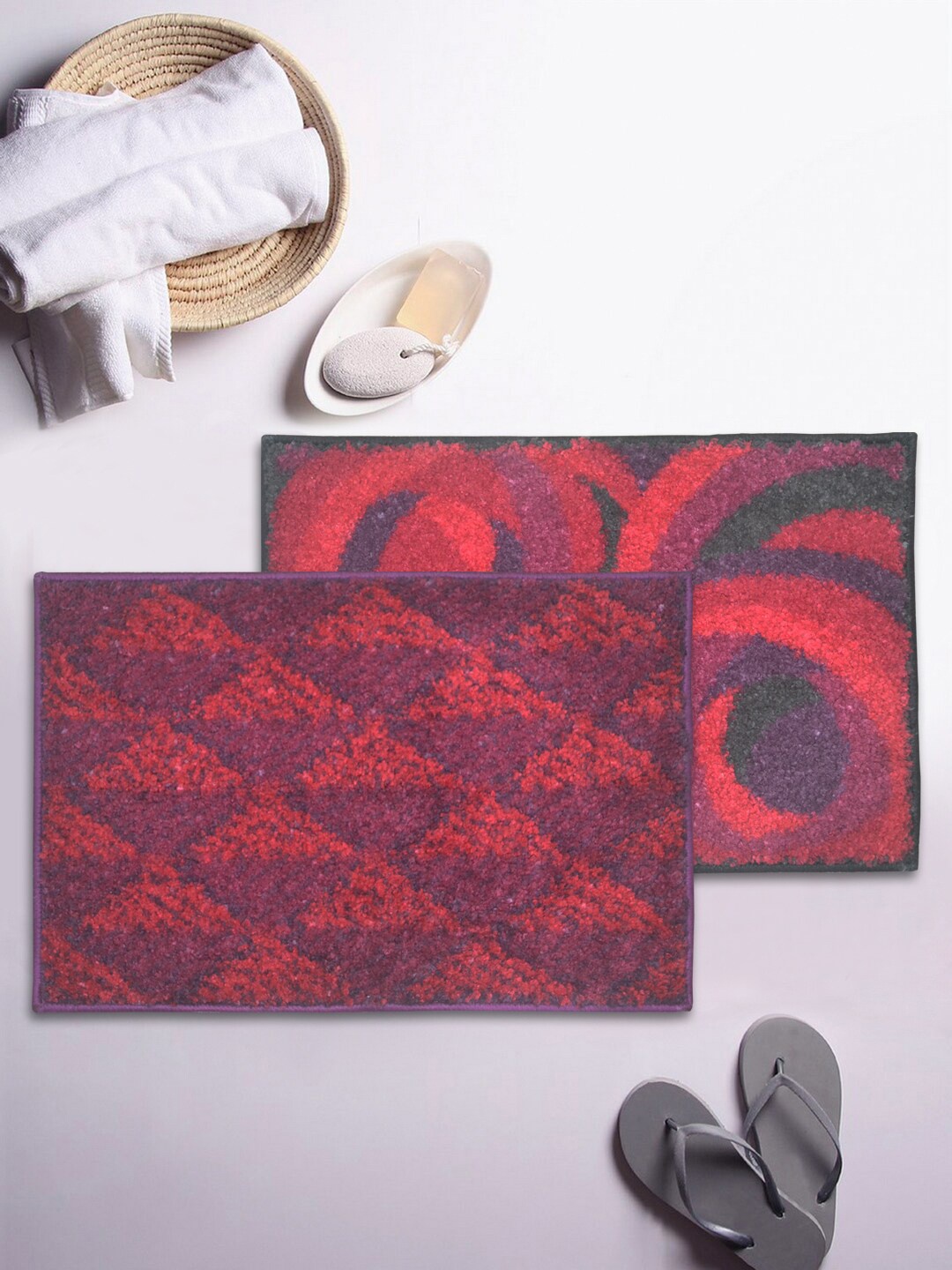 

BIANCA Set of 2 red & Purple Printed 1850 GSM Rectangular Anti-Skid Super Dry Bath Rugs