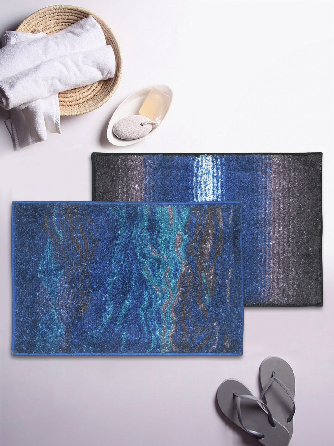 

BIANCA Set Of 2 Printed 1850 GSM Anti-Skid Bath Rugs With Rubber Back, Blue