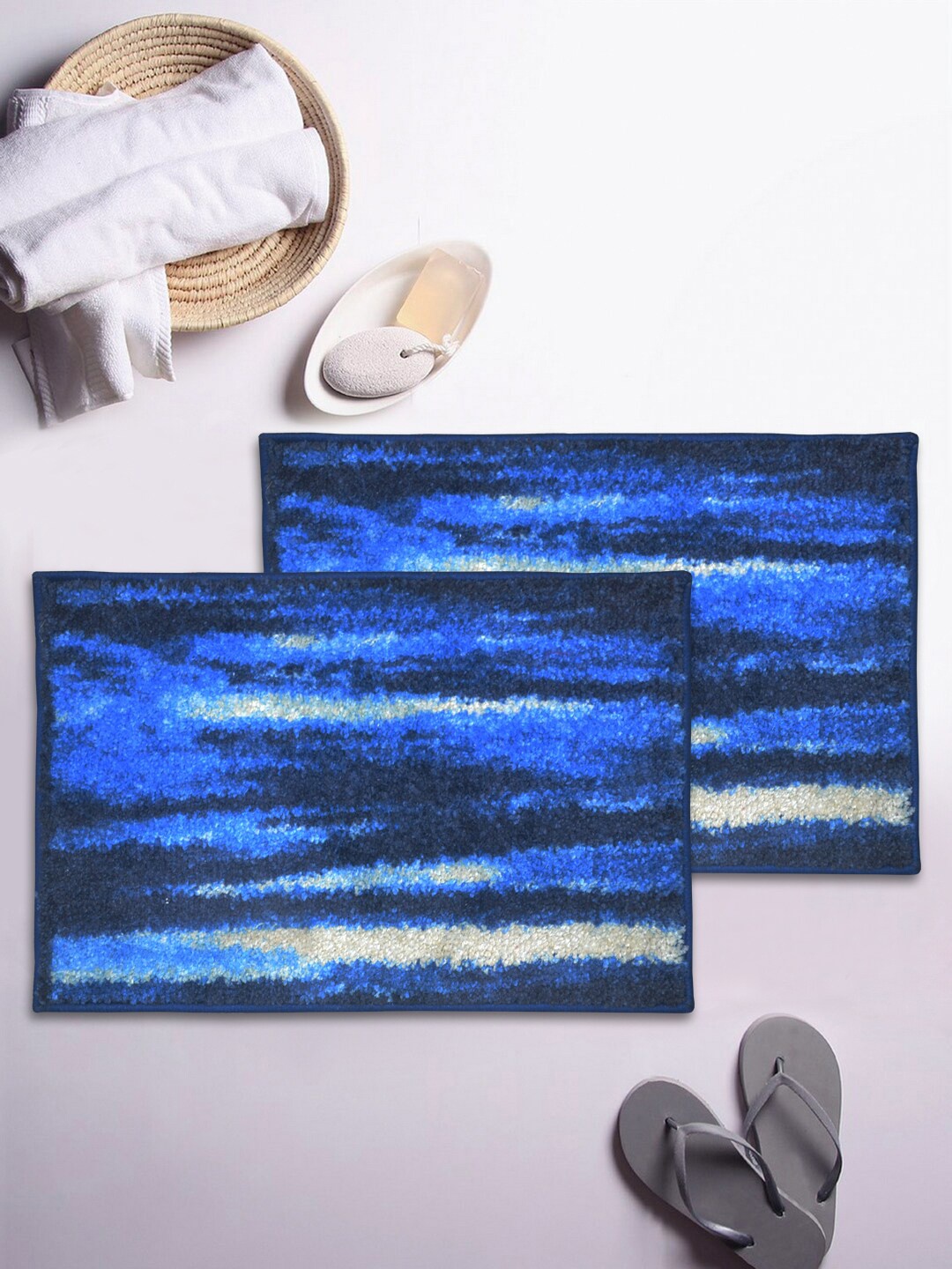 

BIANCA Set of 2 Printed Anti-Skid Rectangular Bath Rugs, Blue