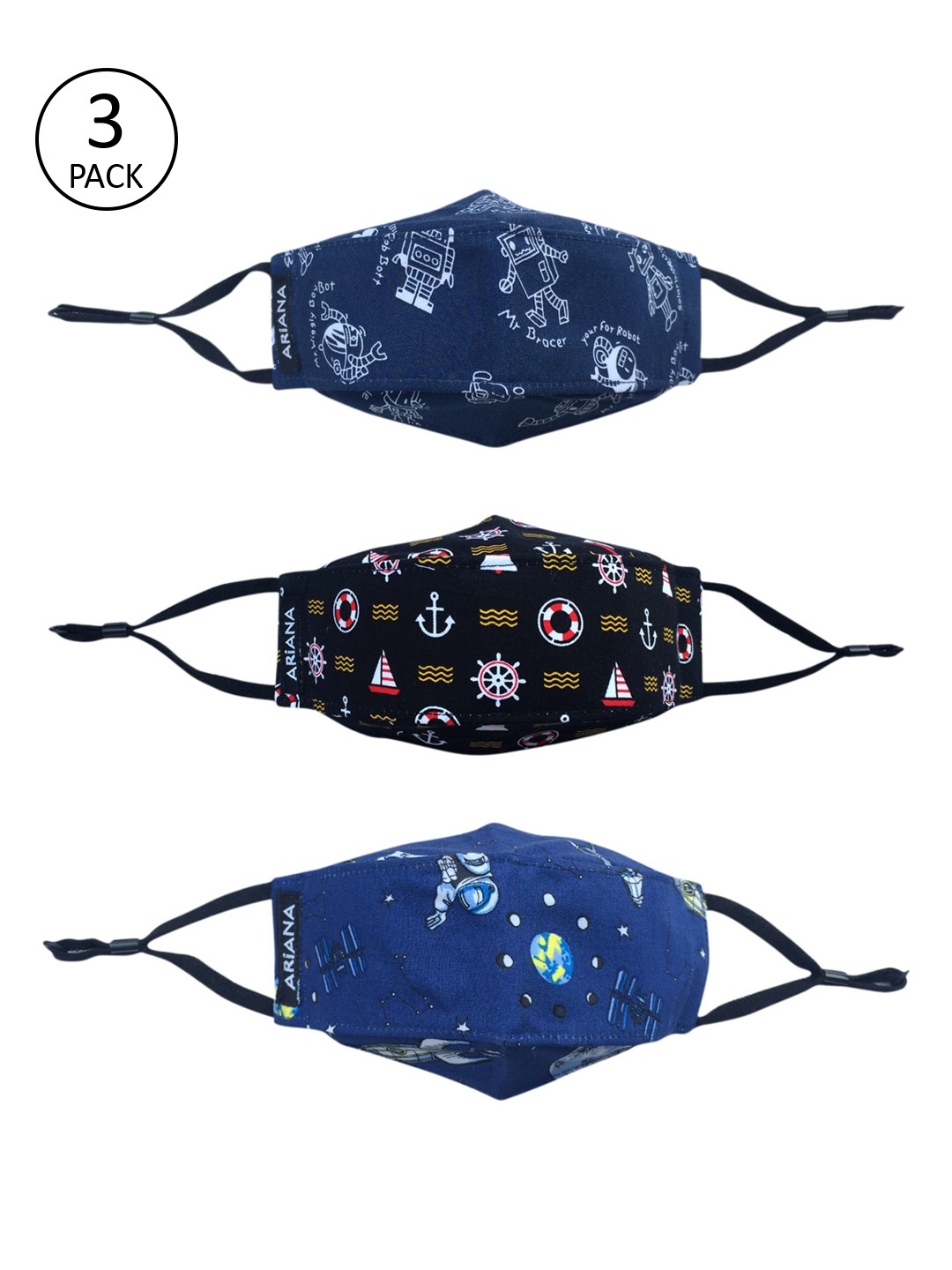 

Ariana Unisex Kids Pack Of 3 Printed 7-Ply Reusable Protective Outdoor Face Masks, Blue
